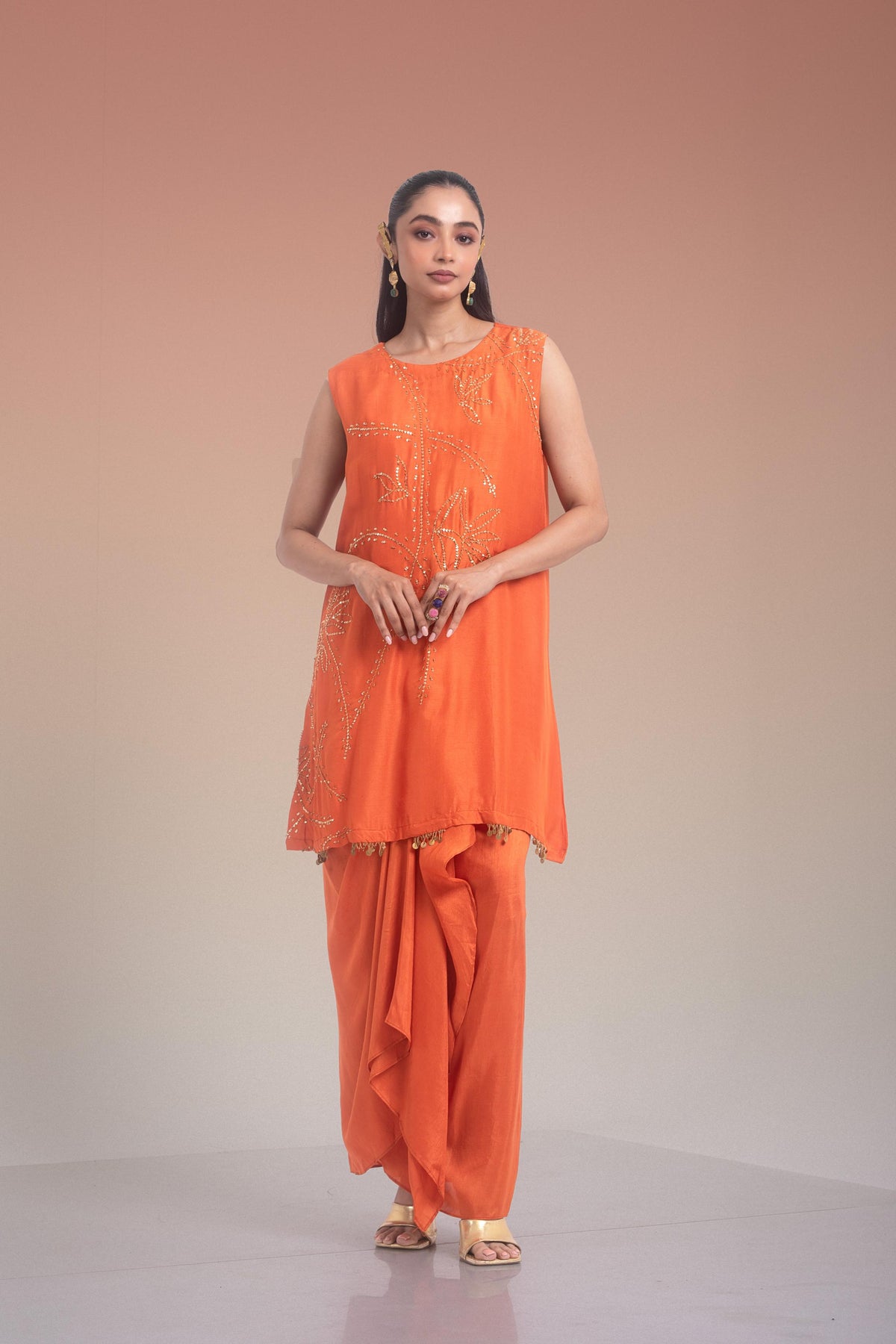 Sunset Orange Embellished Raw Silk Skirt Set