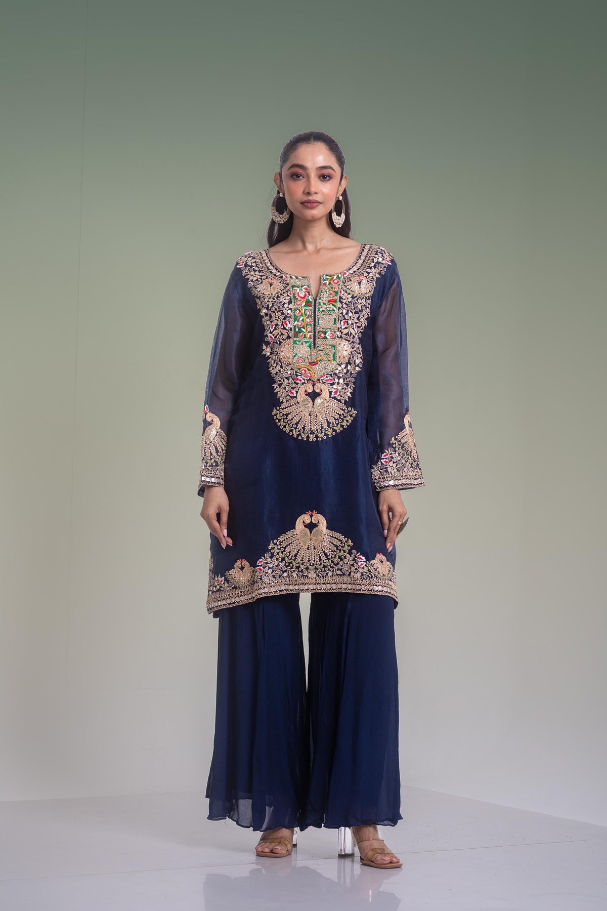 Deep Midnight Blue Embellished Organza Silk Palazzo Set