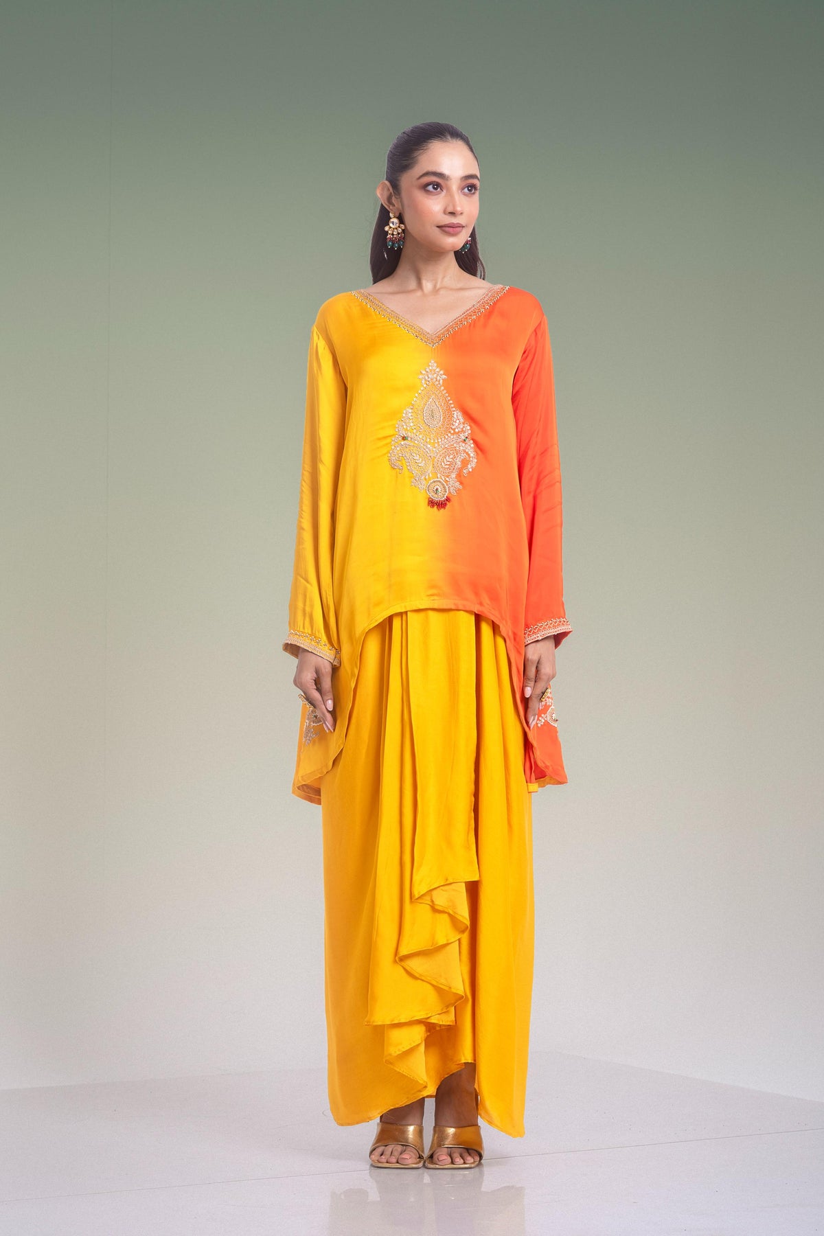 Yellow & Orange Ombre Embellished Satin Silk Skirt Set