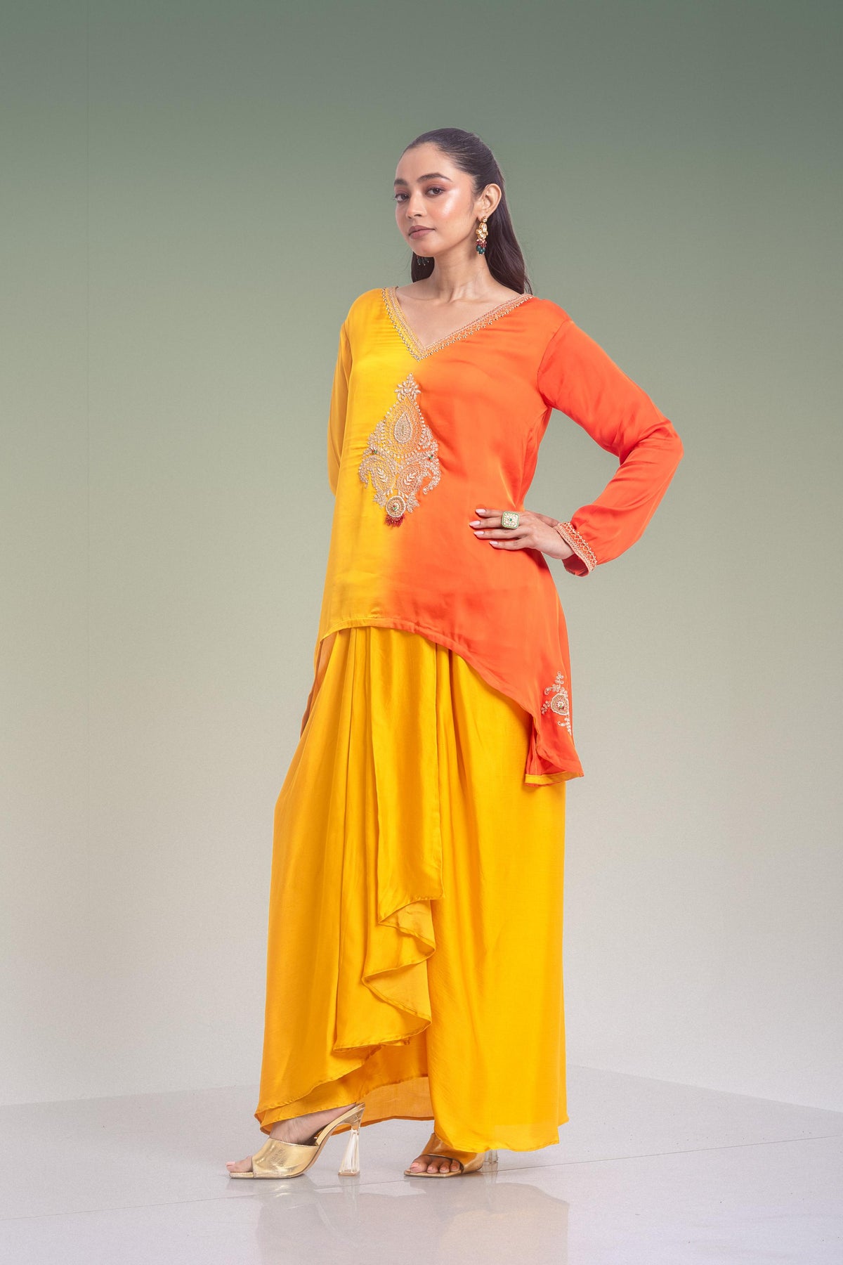 Yellow & Orange Ombre Embellished Satin Silk Skirt Set
