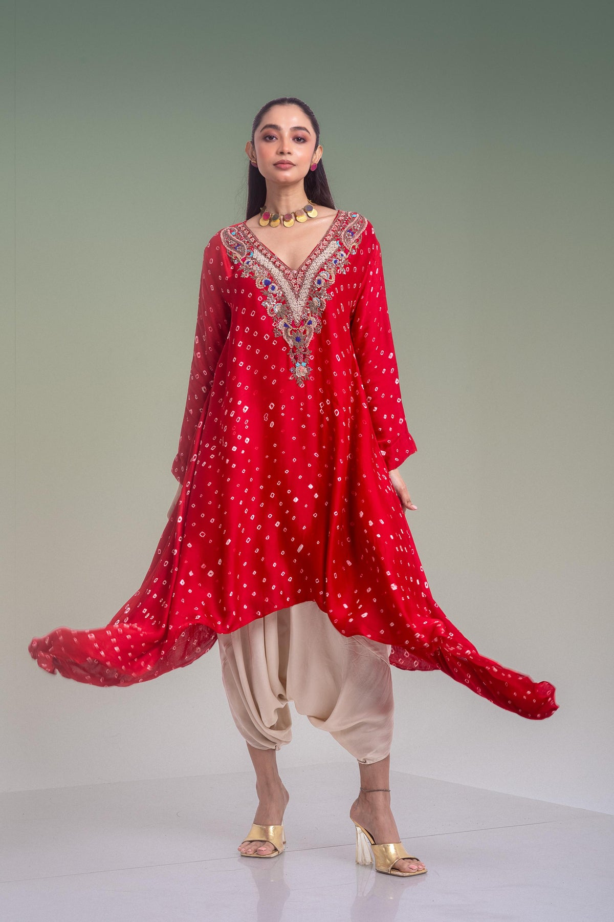 Royal Red & Cream Embellished Satin Silk Pant Set