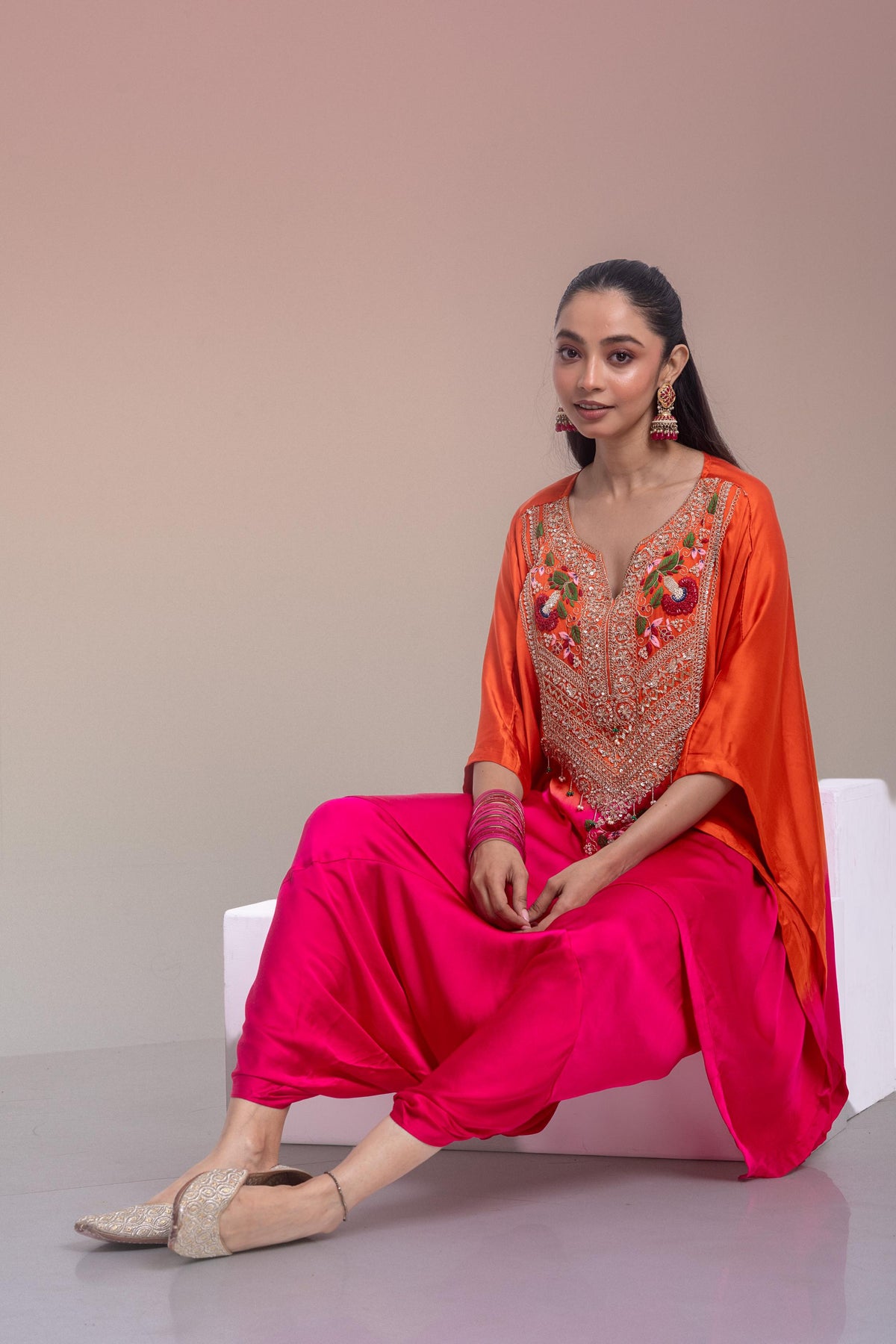 Ombre Orange Embellished Satin Silk Kaftan Set