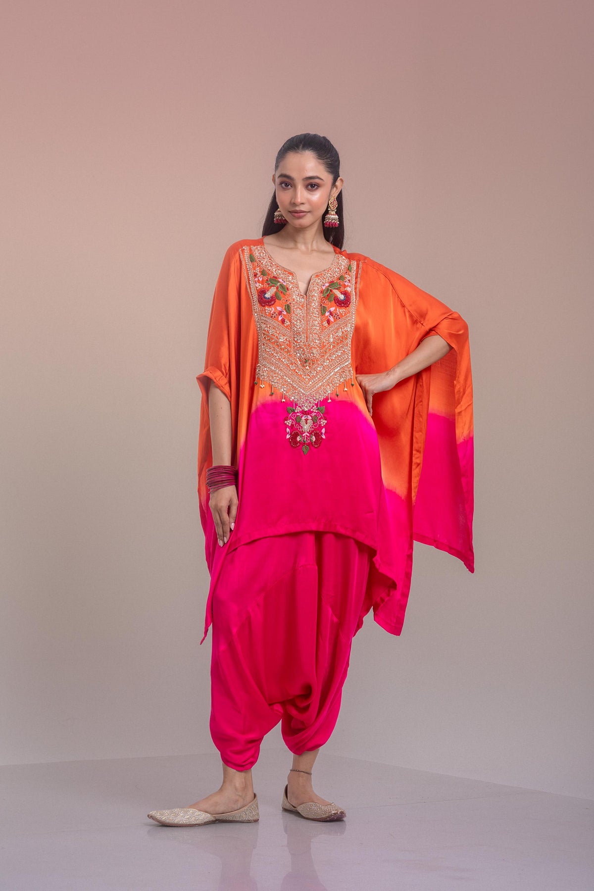 Ombre Orange Embellished Satin Silk Kaftan Set