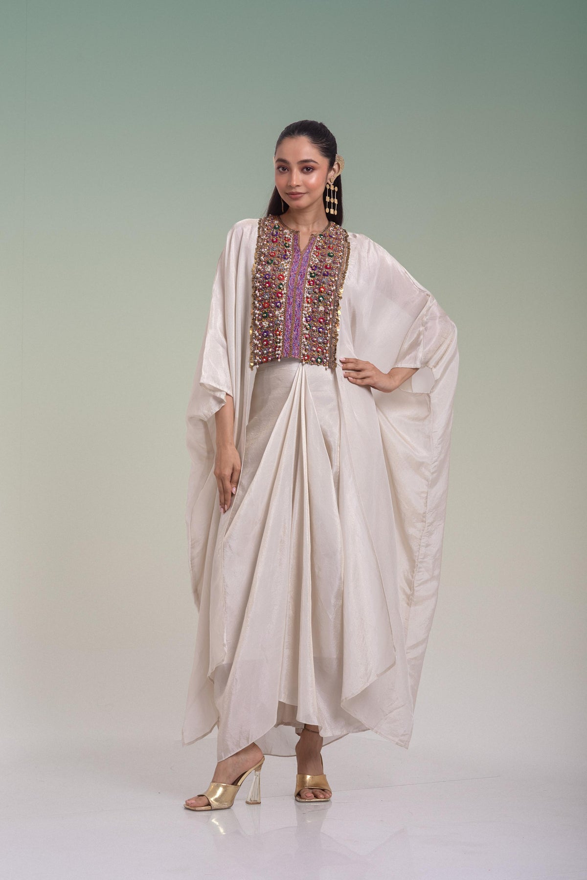 Off-White Embellished Shimmer Silk Kaftan Skirt Set