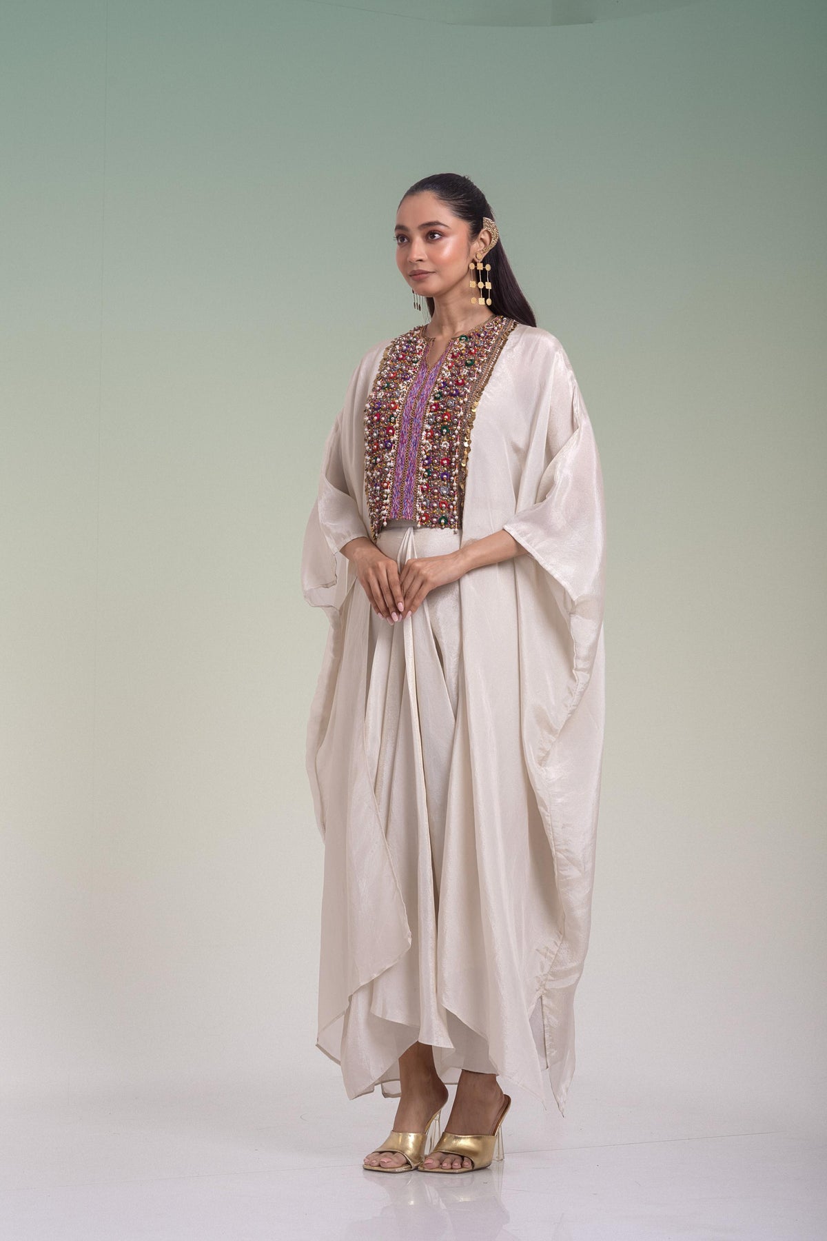 Off-White Embellished Shimmer Silk Kaftan Skirt Set