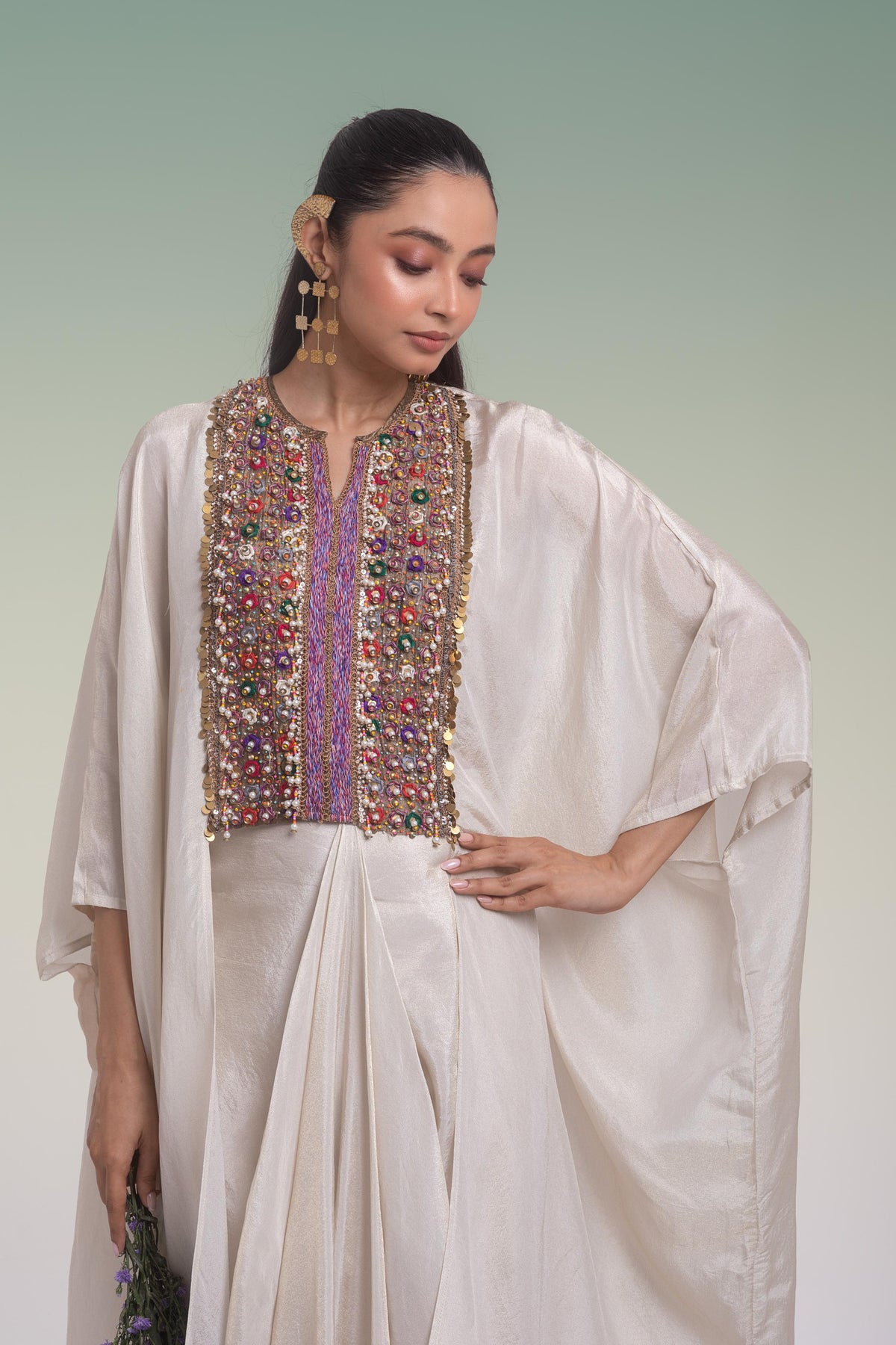 Off-White Embellished Shimmer Silk Kaftan Skirt Set