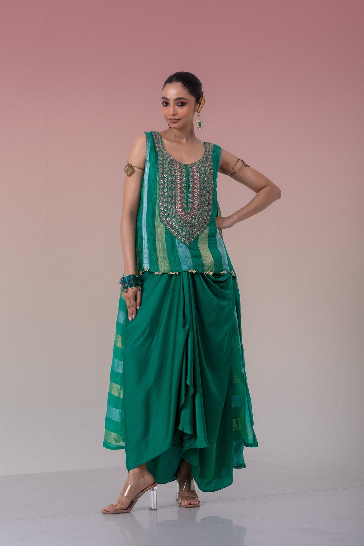 Dark Green Embellished Brocade Banarasi Silk Skirt Set