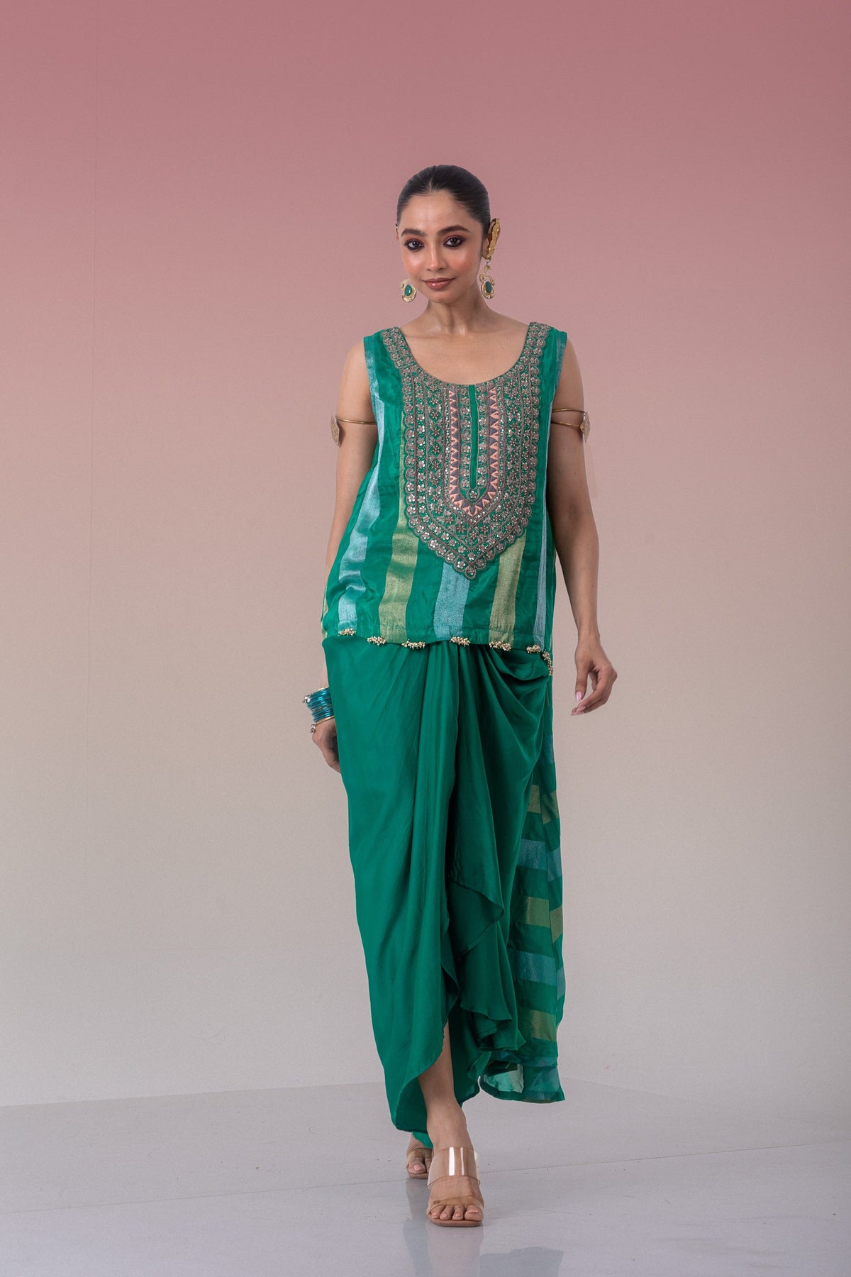 Dark Green Embellished Brocade Banarasi Silk Skirt Set