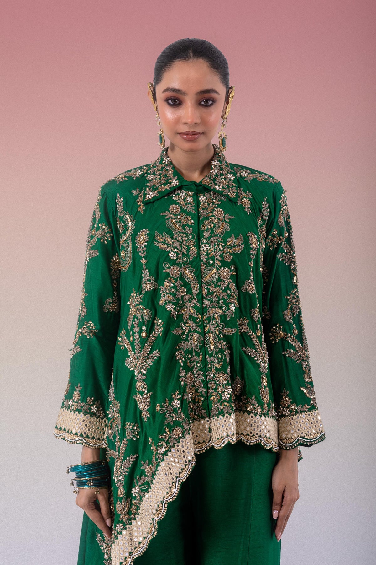 Green Clover Embellished Raw Silk Palazzo Set