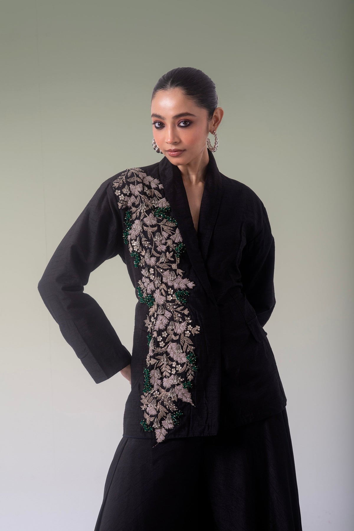 Midnight Black Embellished Raw Silk Co-Ord