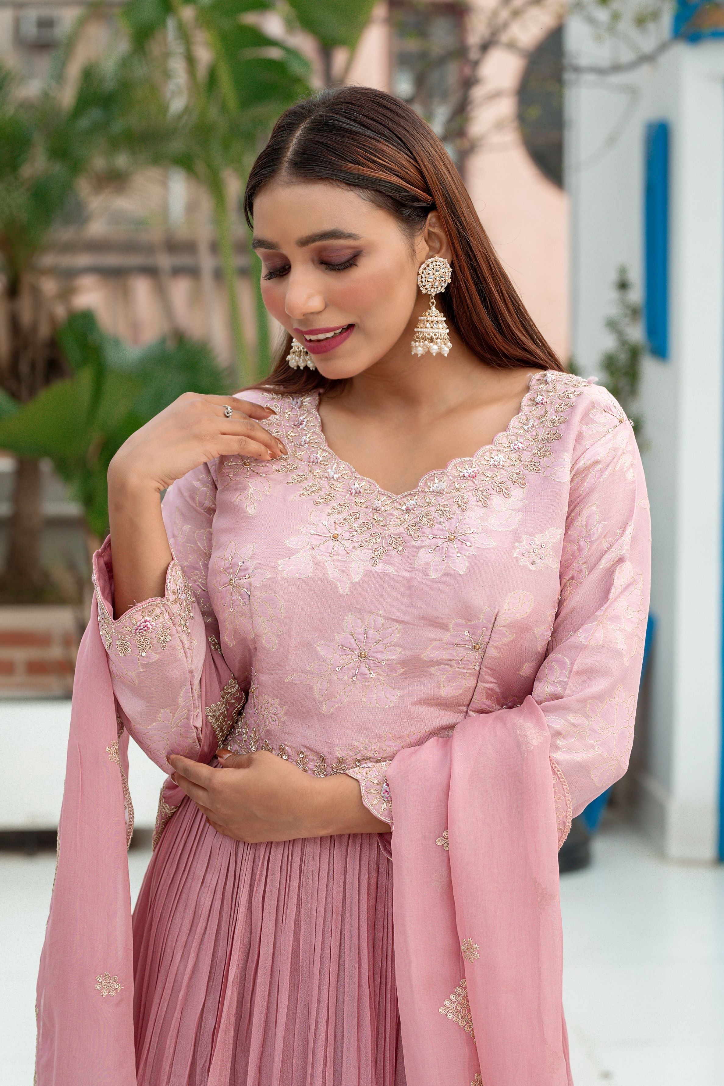 Light Pink Embellished Premium Chinon Silk Anarkali Set