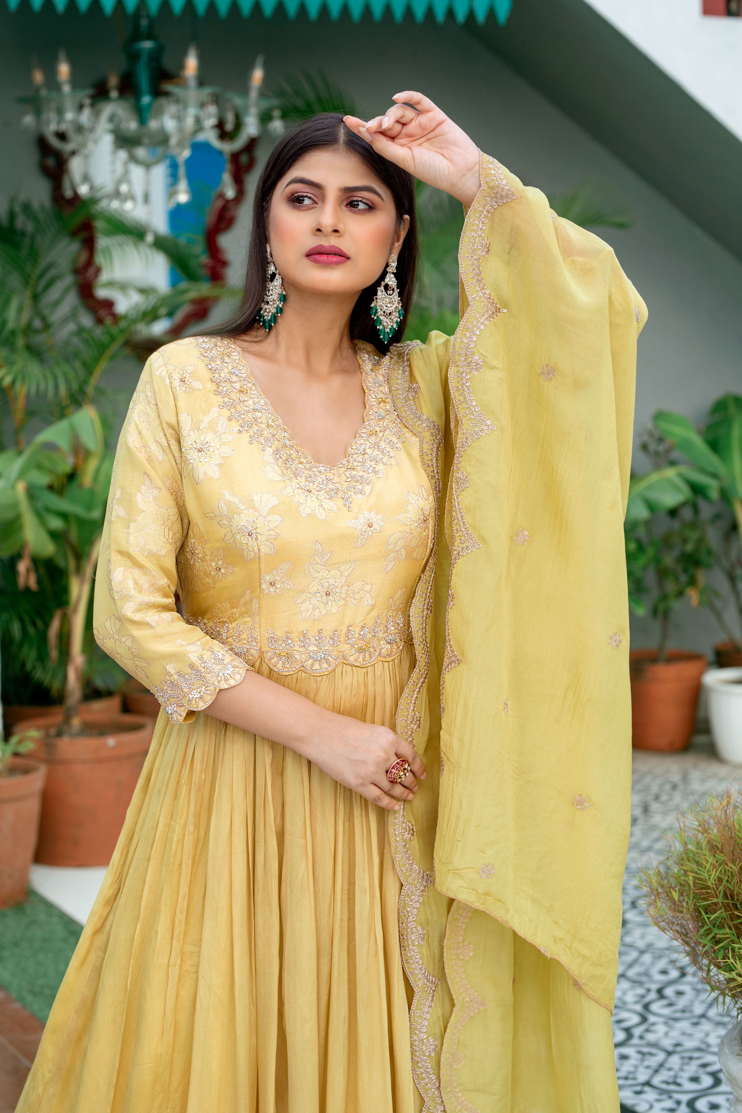 Festive Yellow Embellished Premium Chinon Silk Anarkali Set