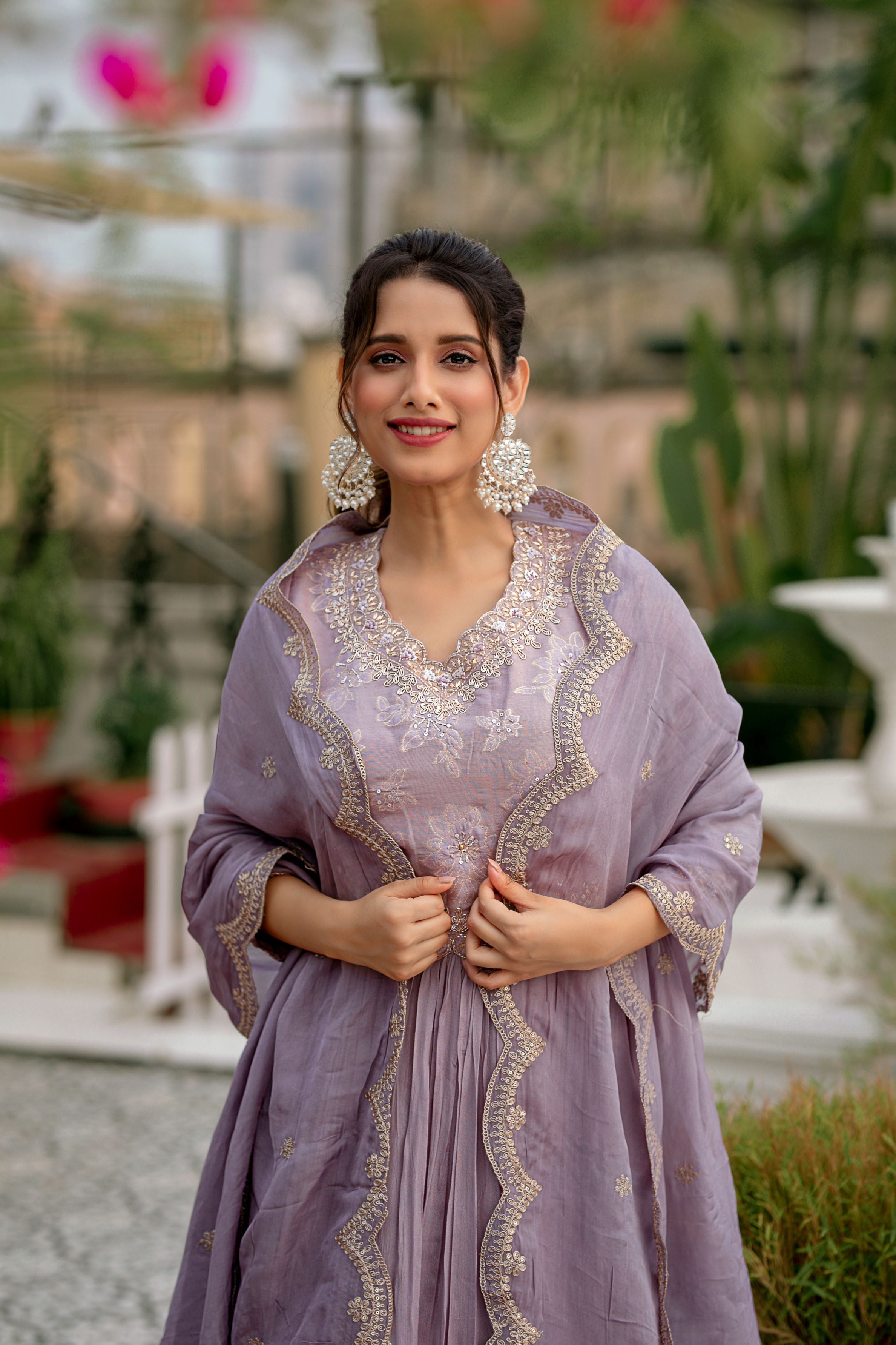 Rose Mauve Embellished Premium Chinon Silk Anarkali Set