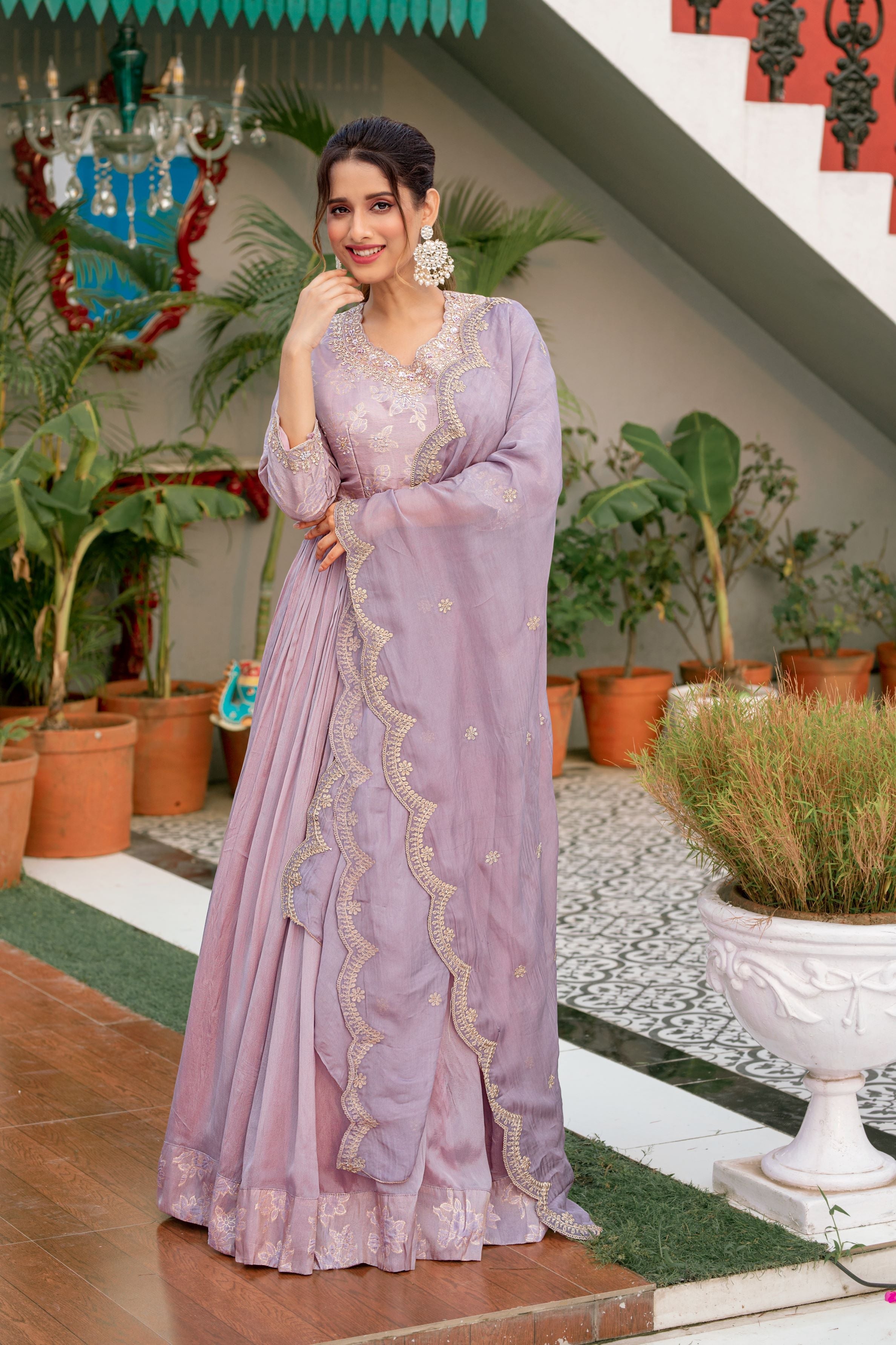 Rose Mauve Embellished Premium Chinon Silk Anarkali Set