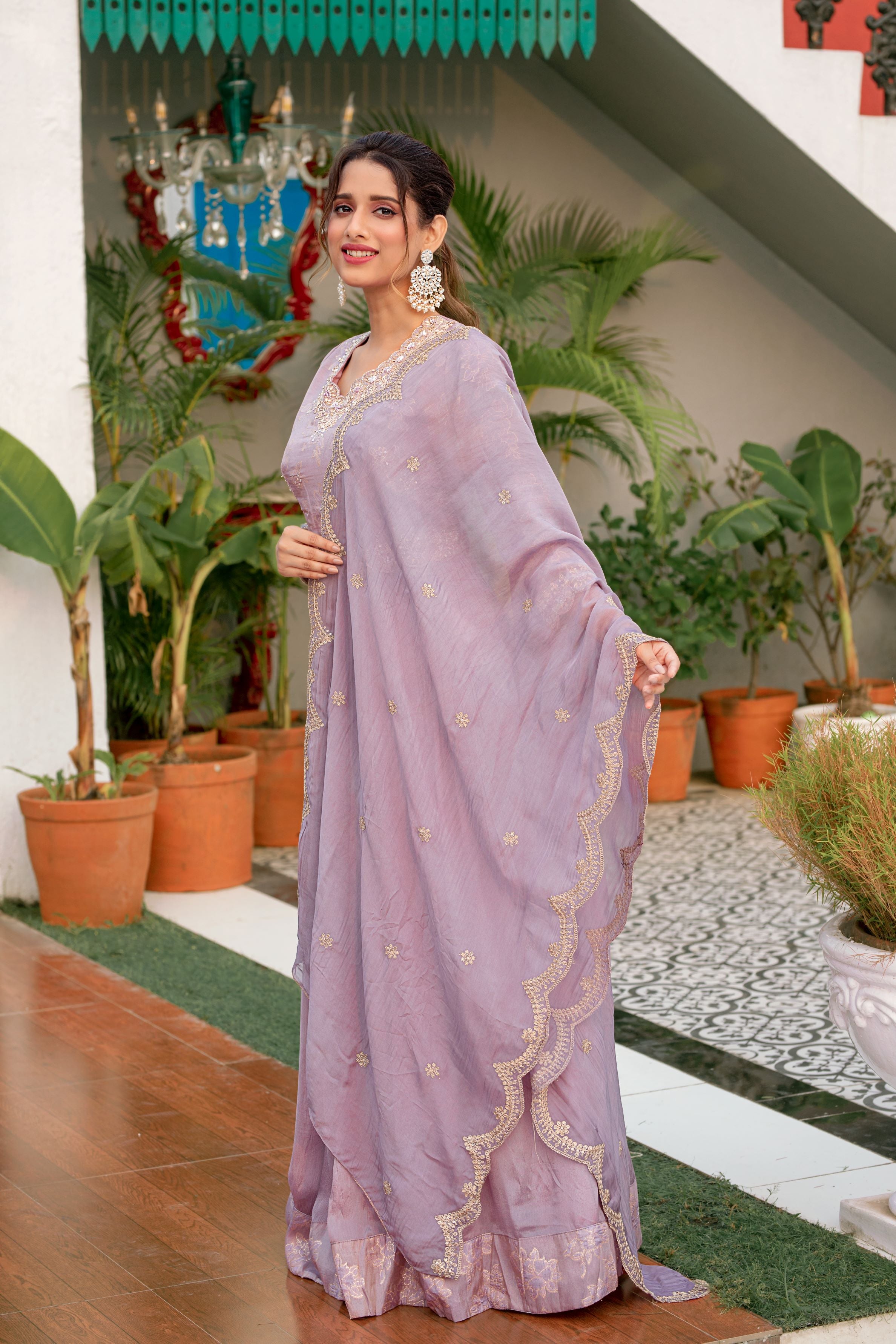 Rose Mauve Embellished Premium Chinon Silk Anarkali Set