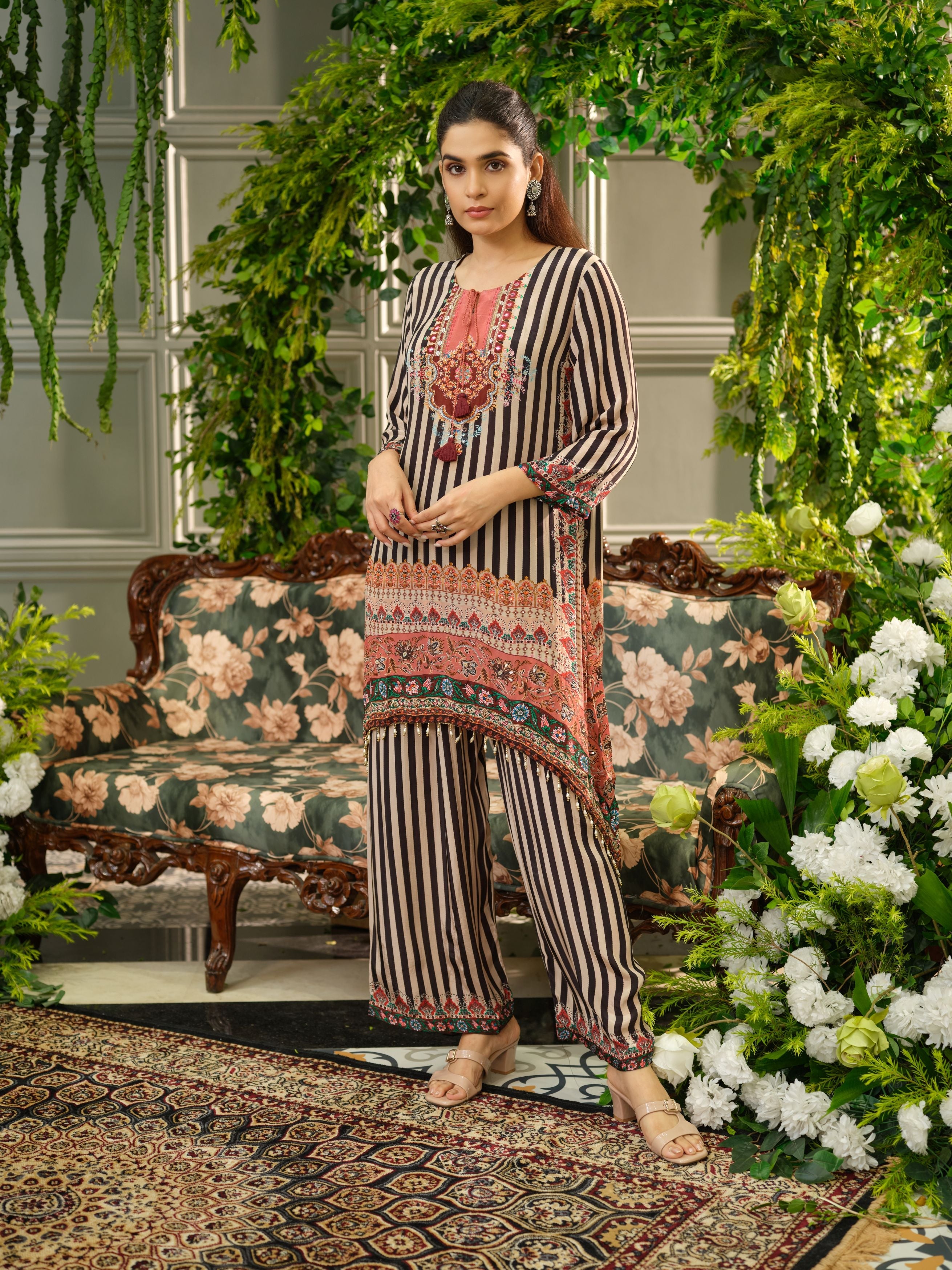 Black And White Stripes Printed Crepe Silk Co-Ord Set