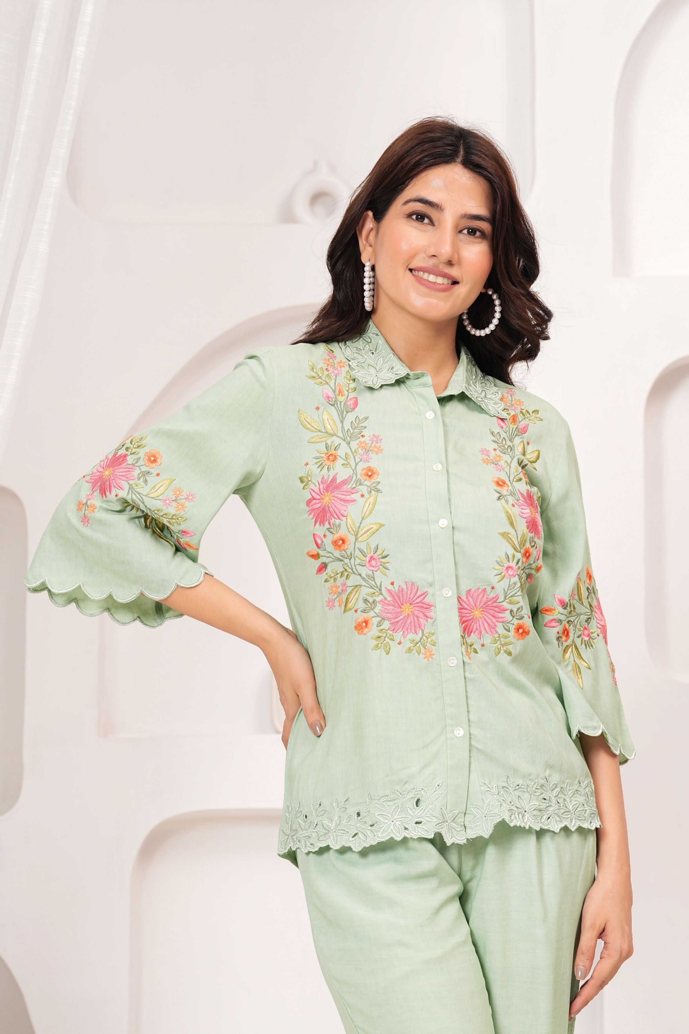 Light Green Embroidered Premium Cotton Co-Ord Set