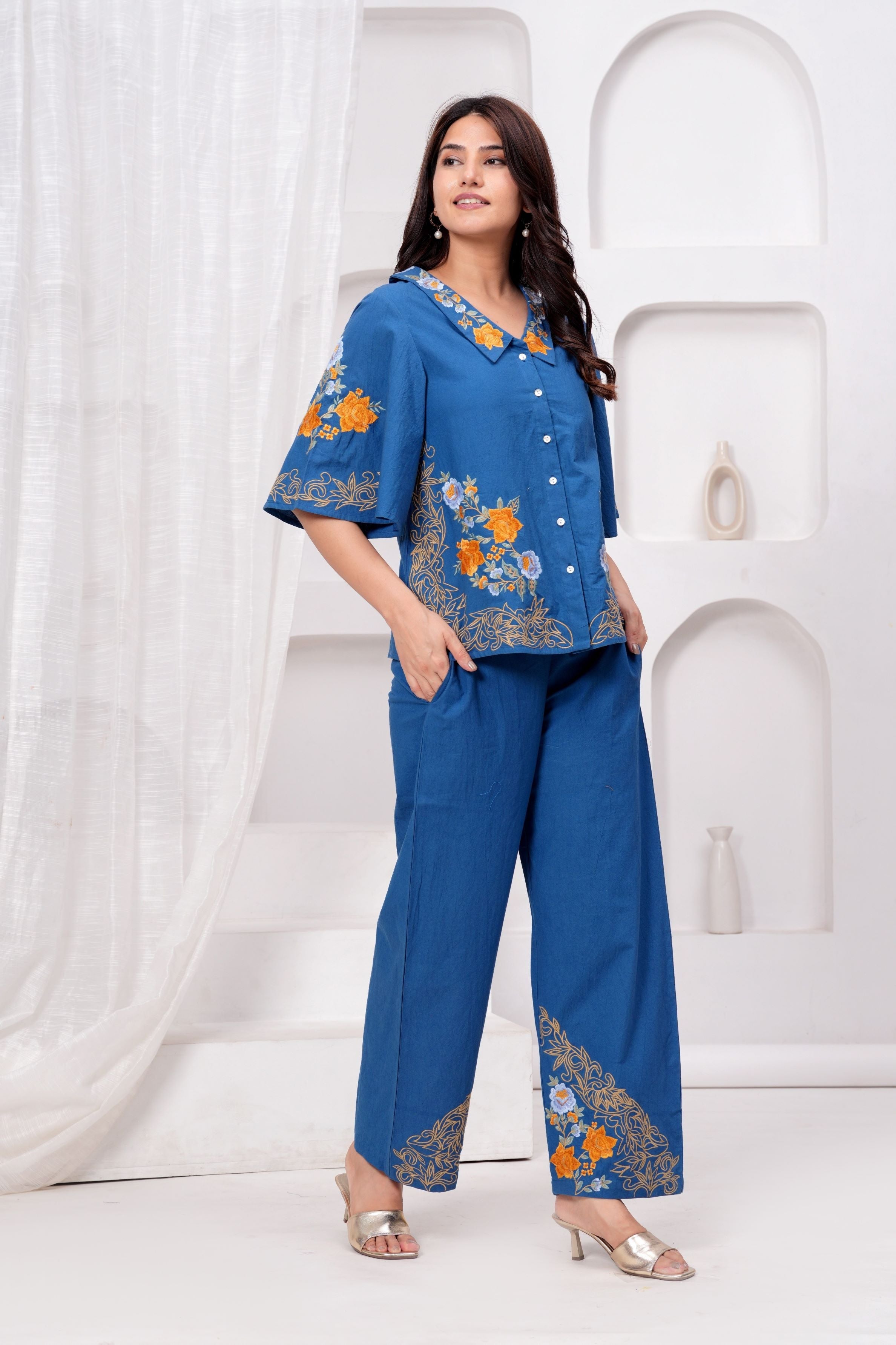 Blue Embroidered Premium Cotton Co-Ord Set