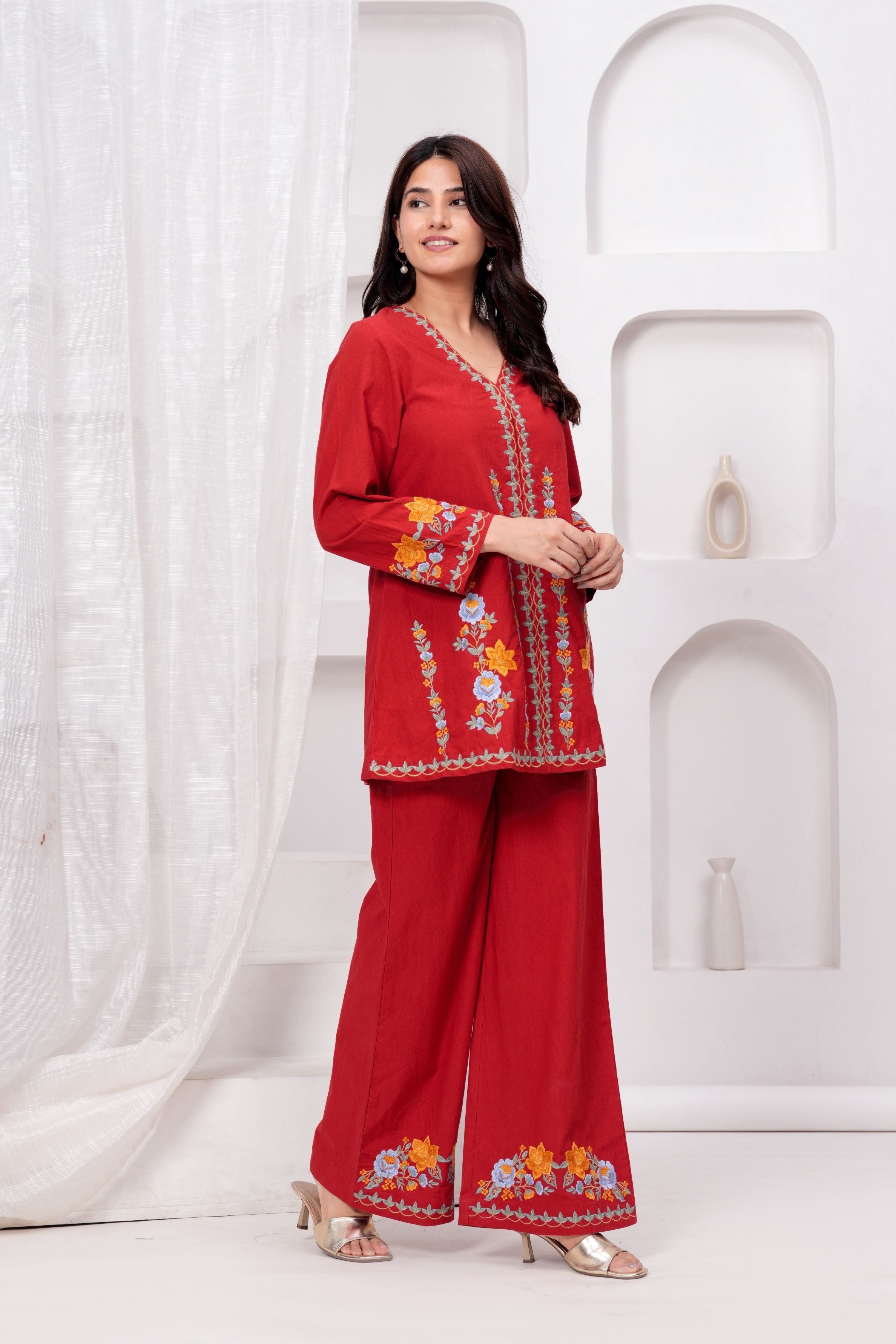 Red Embroidered Premium Cotton Co-Ord Set