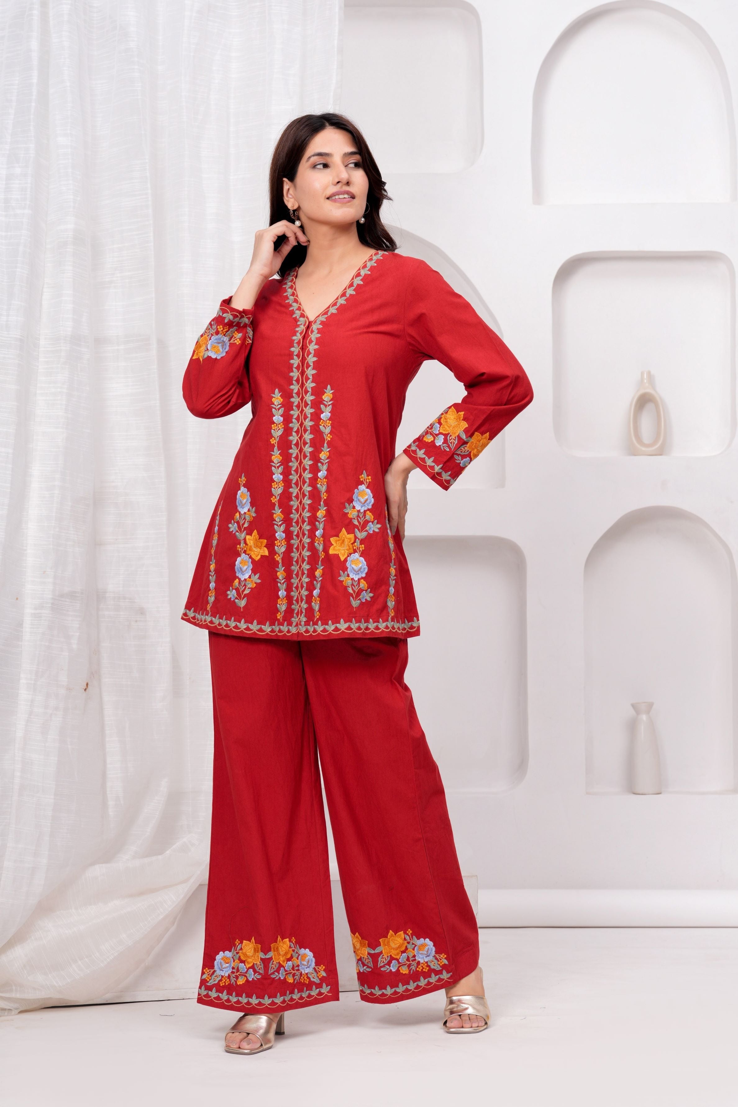 Red Embroidered Premium Cotton Co-Ord Set