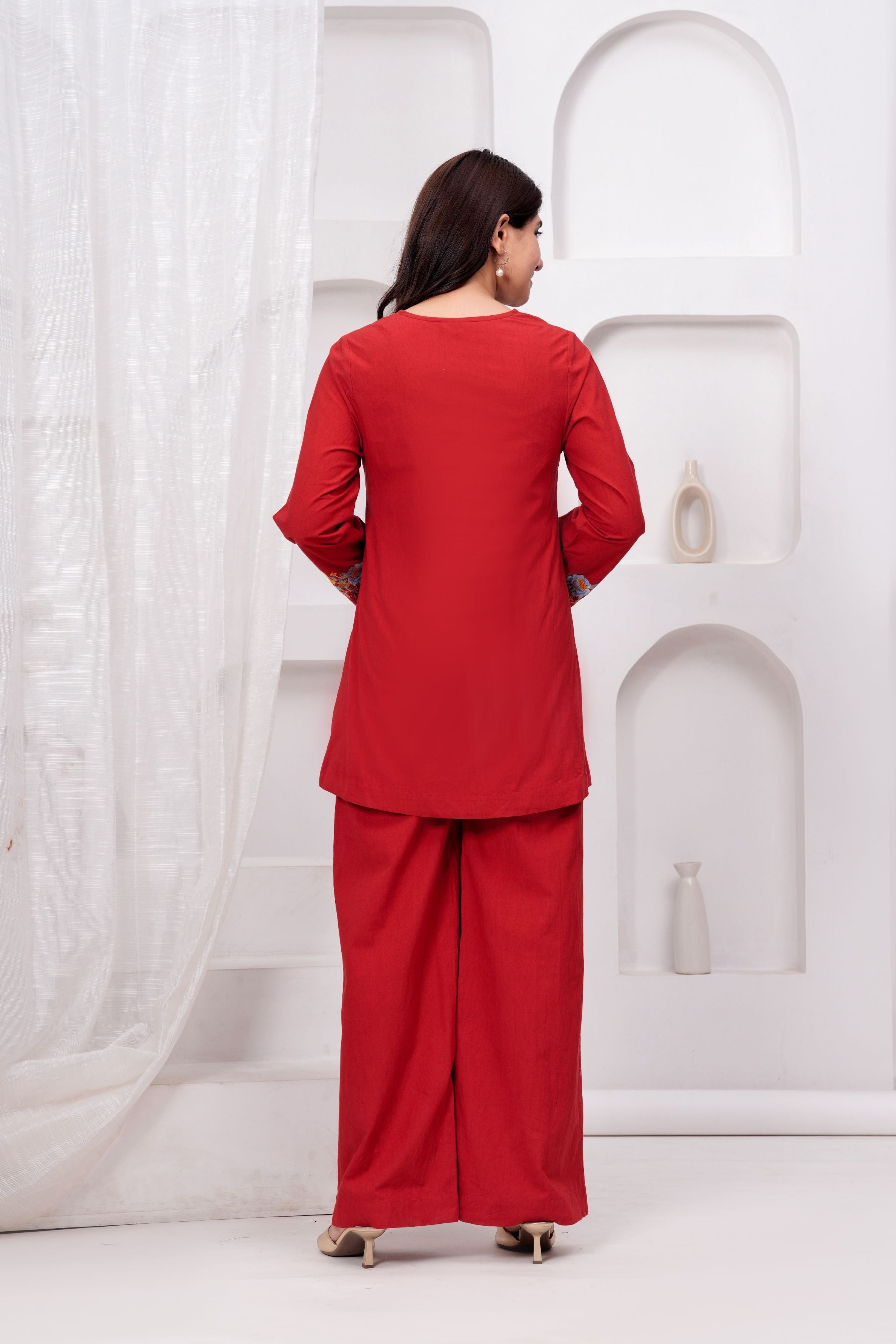 Red Embroidered Premium Cotton Co-Ord Set