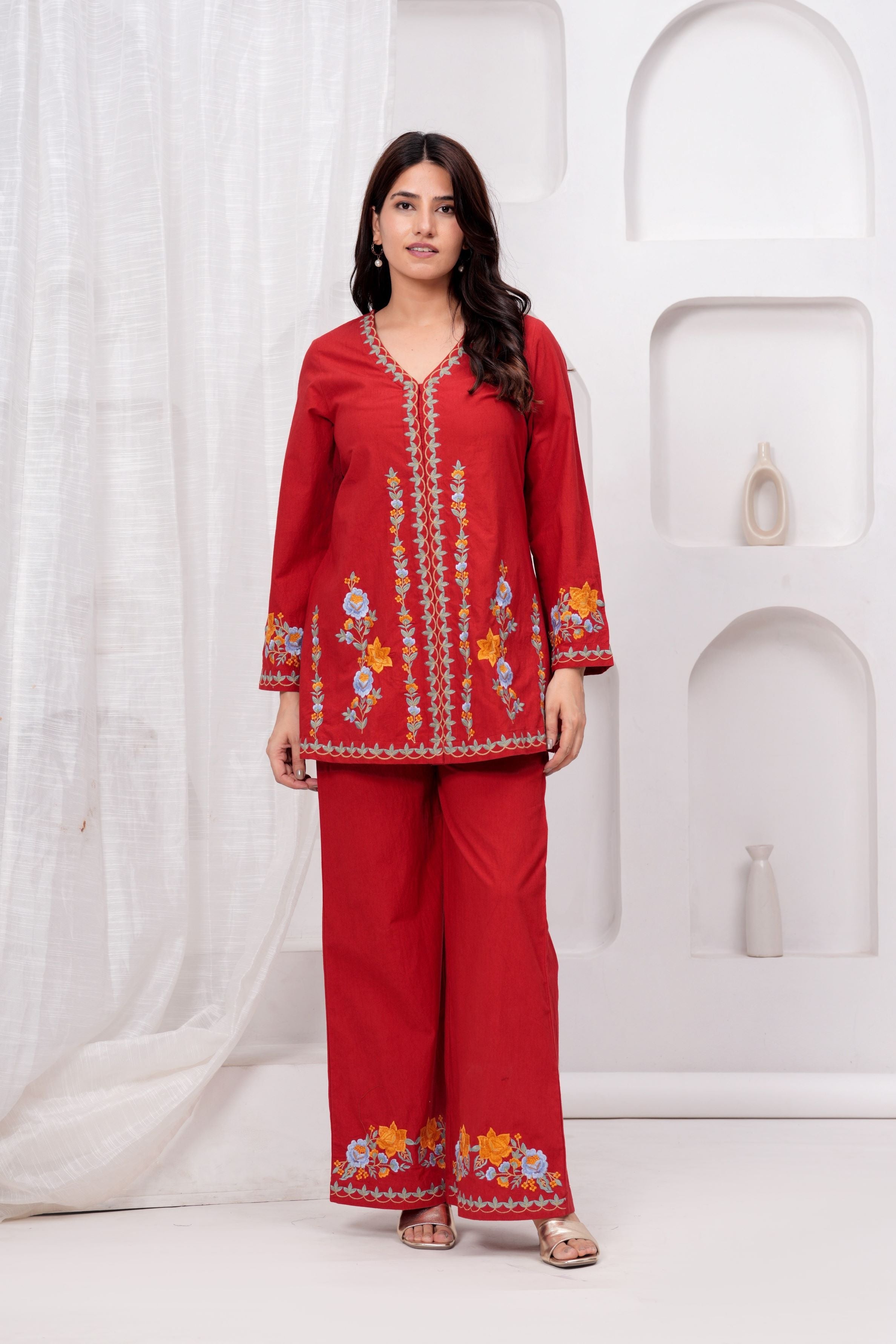 Red Embroidered Premium Cotton Co-Ord Set