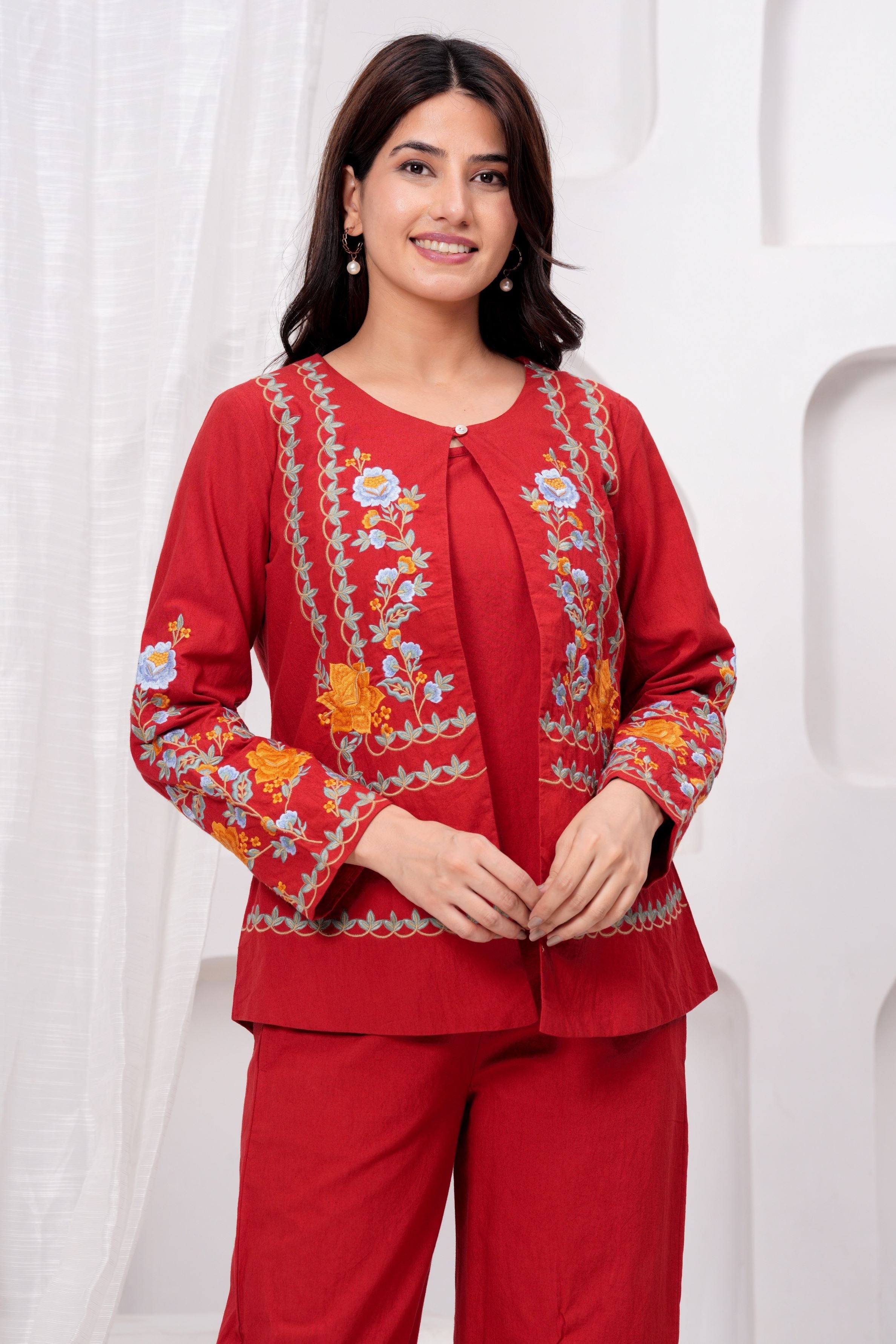 Red Embroidered Organic Cotton Jacket Co-Ord Set