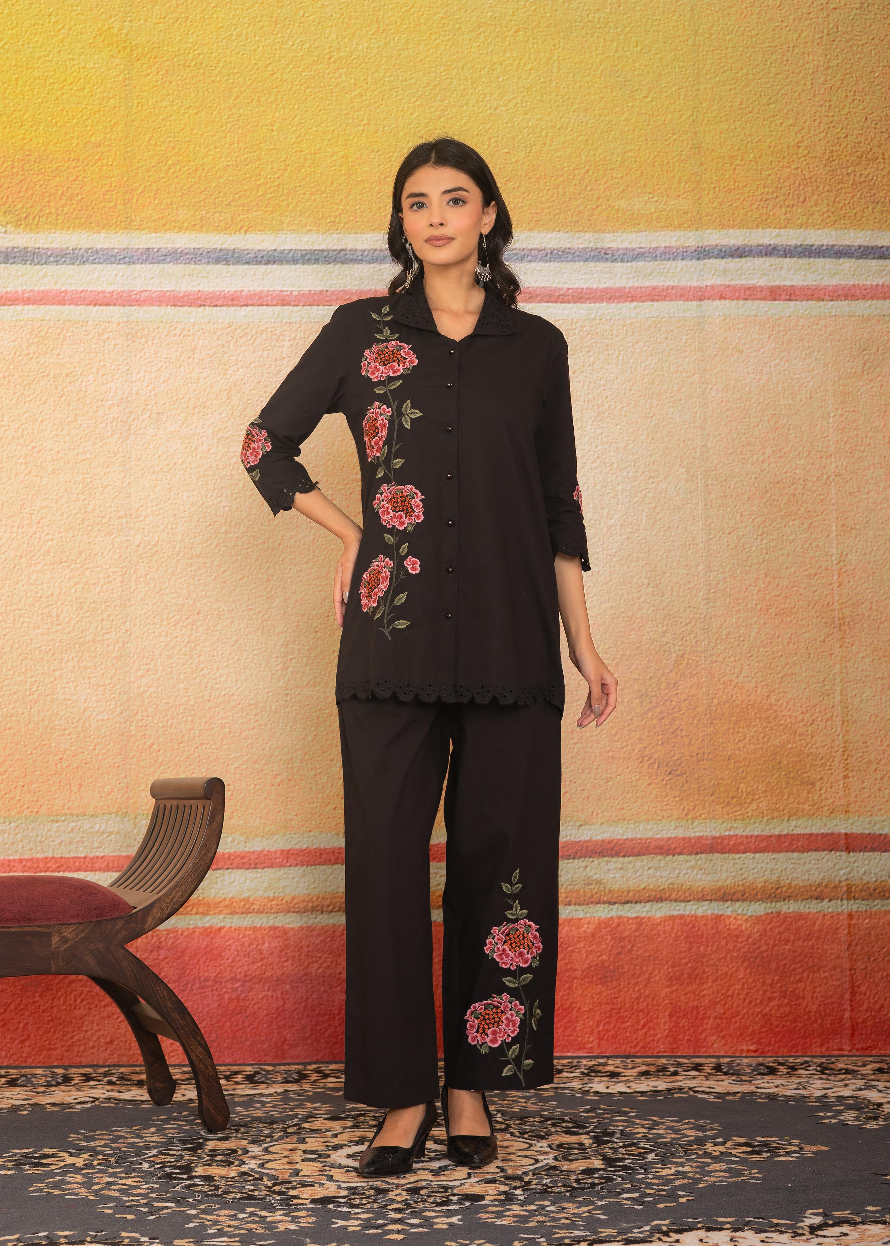 Black Floral Embroidered Co-ord Set