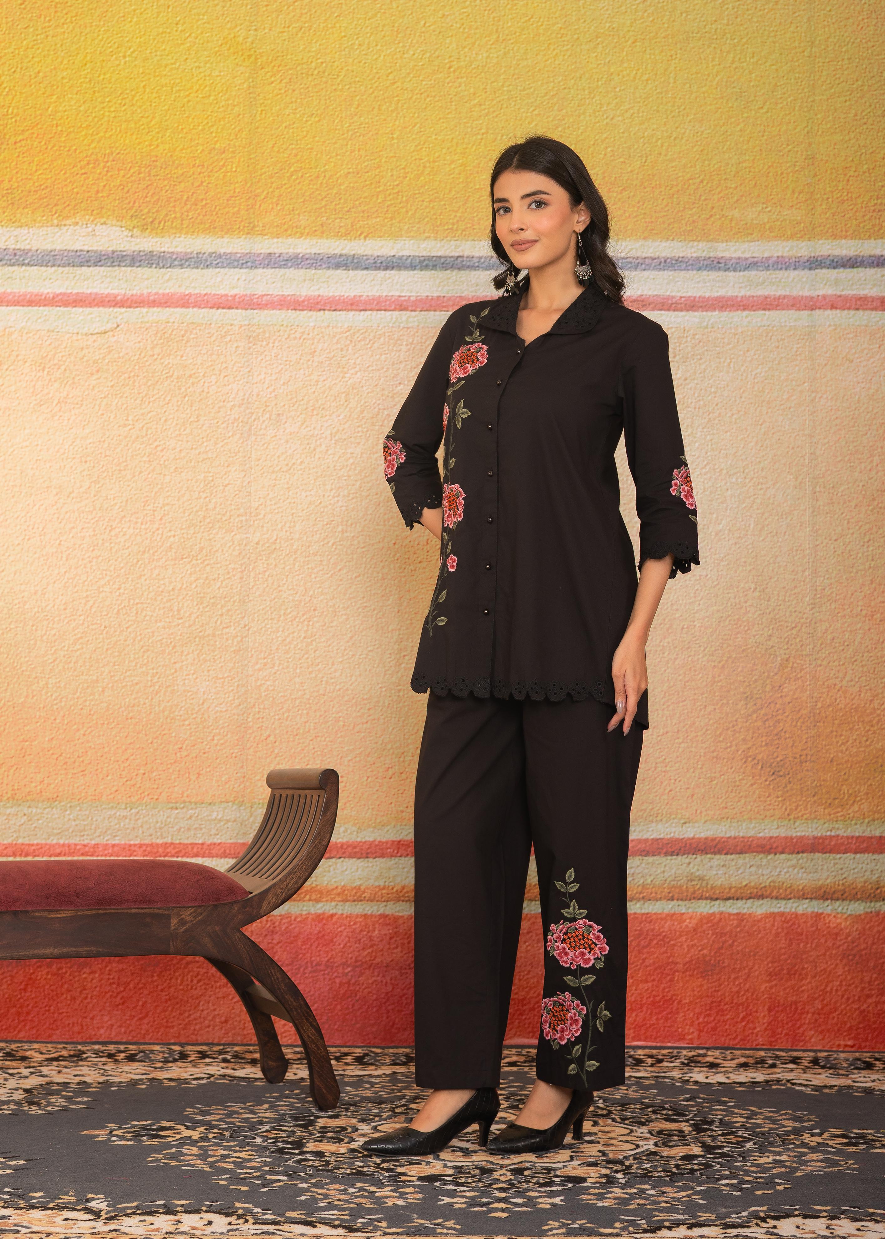 Black Floral Embroidered Co-ord Set