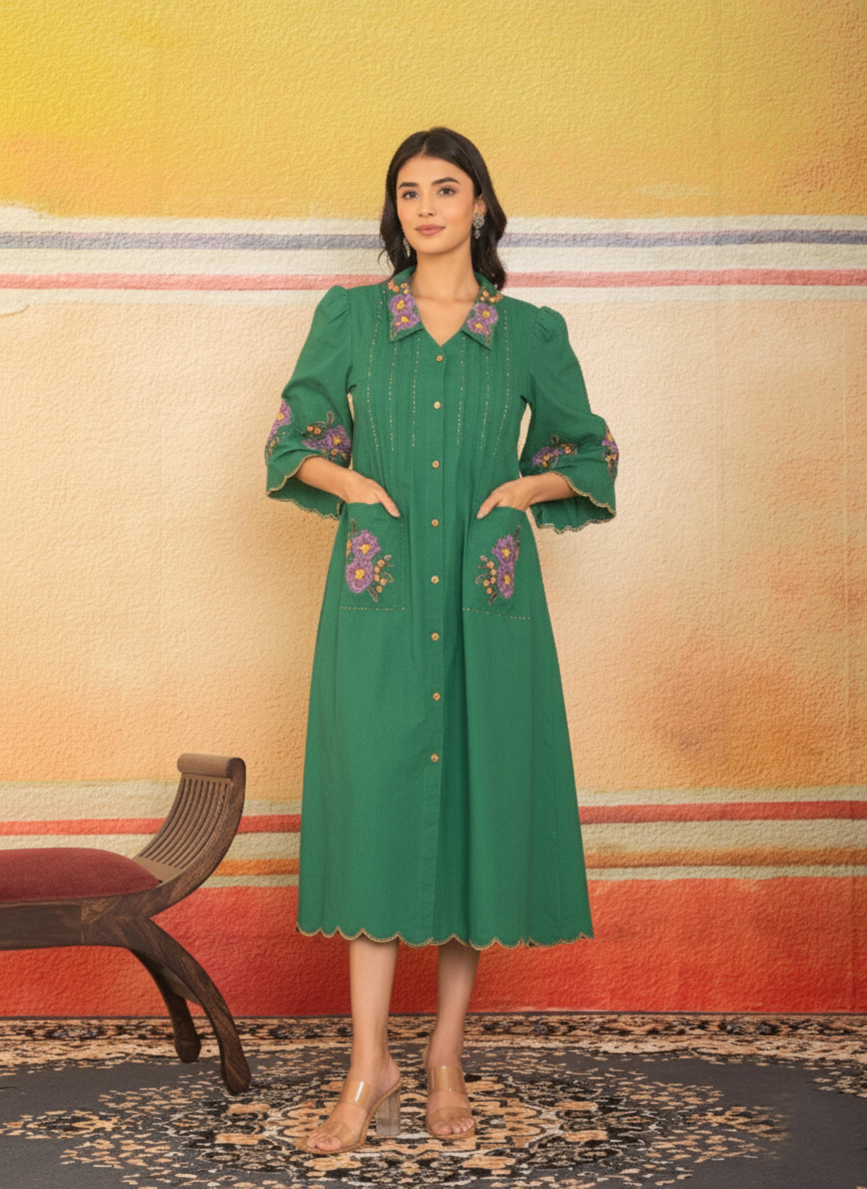 Green Scalloped Hem Embroidered Dress