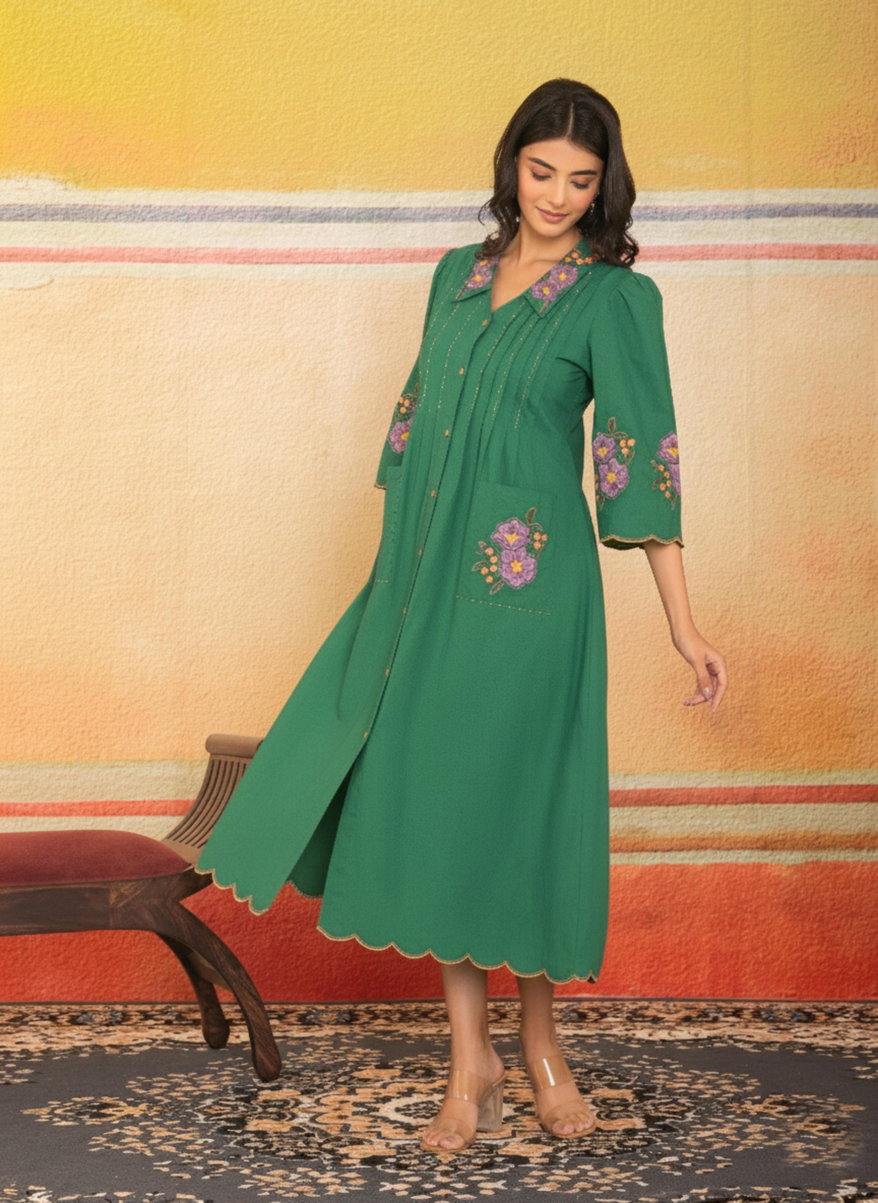 Green Scalloped Hem Embroidered Dress