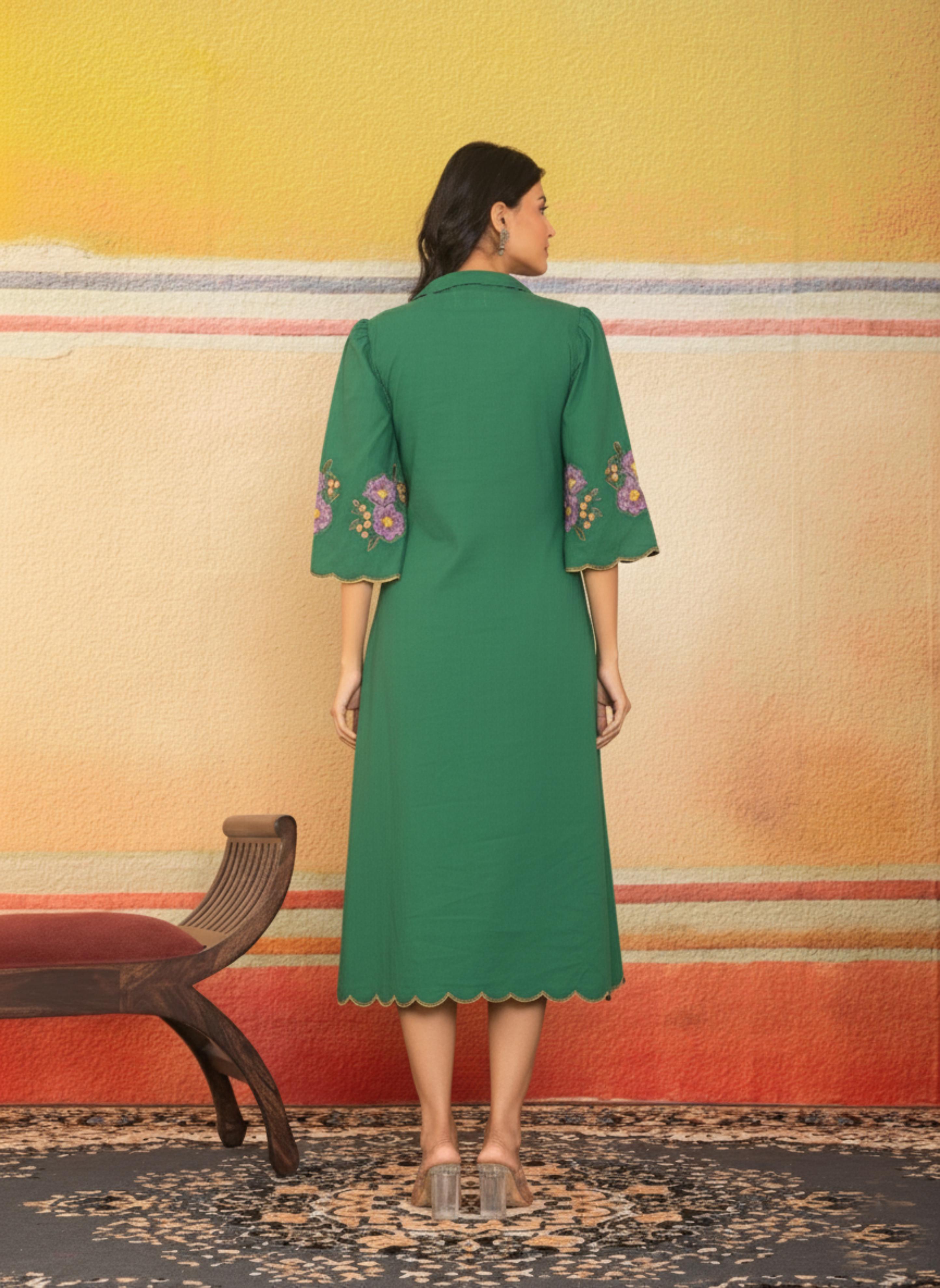 Green Scalloped Hem Embroidered Dress