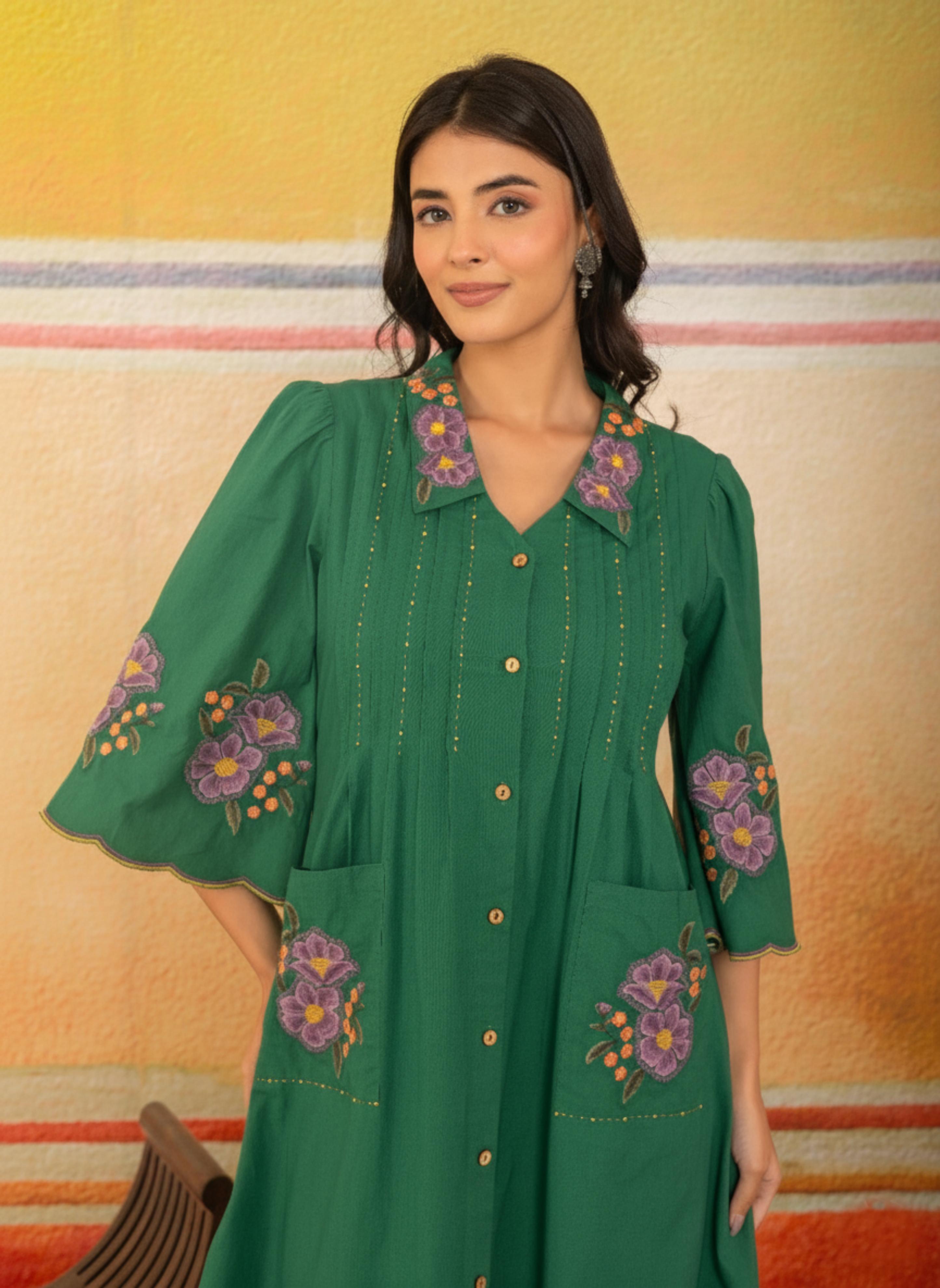 Green Scalloped Hem Embroidered Dress