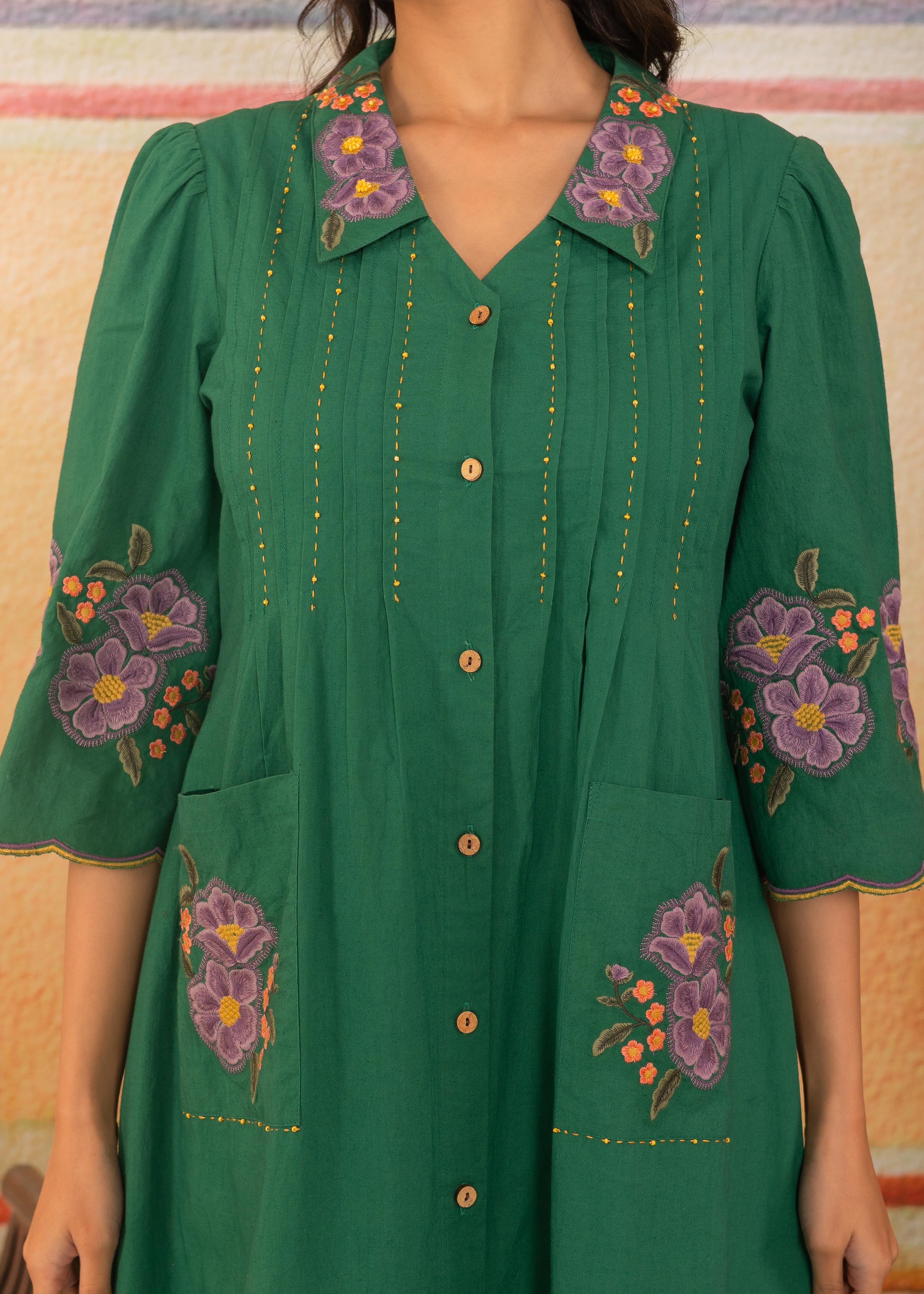 Green Scalloped Hem Embroidered Dress