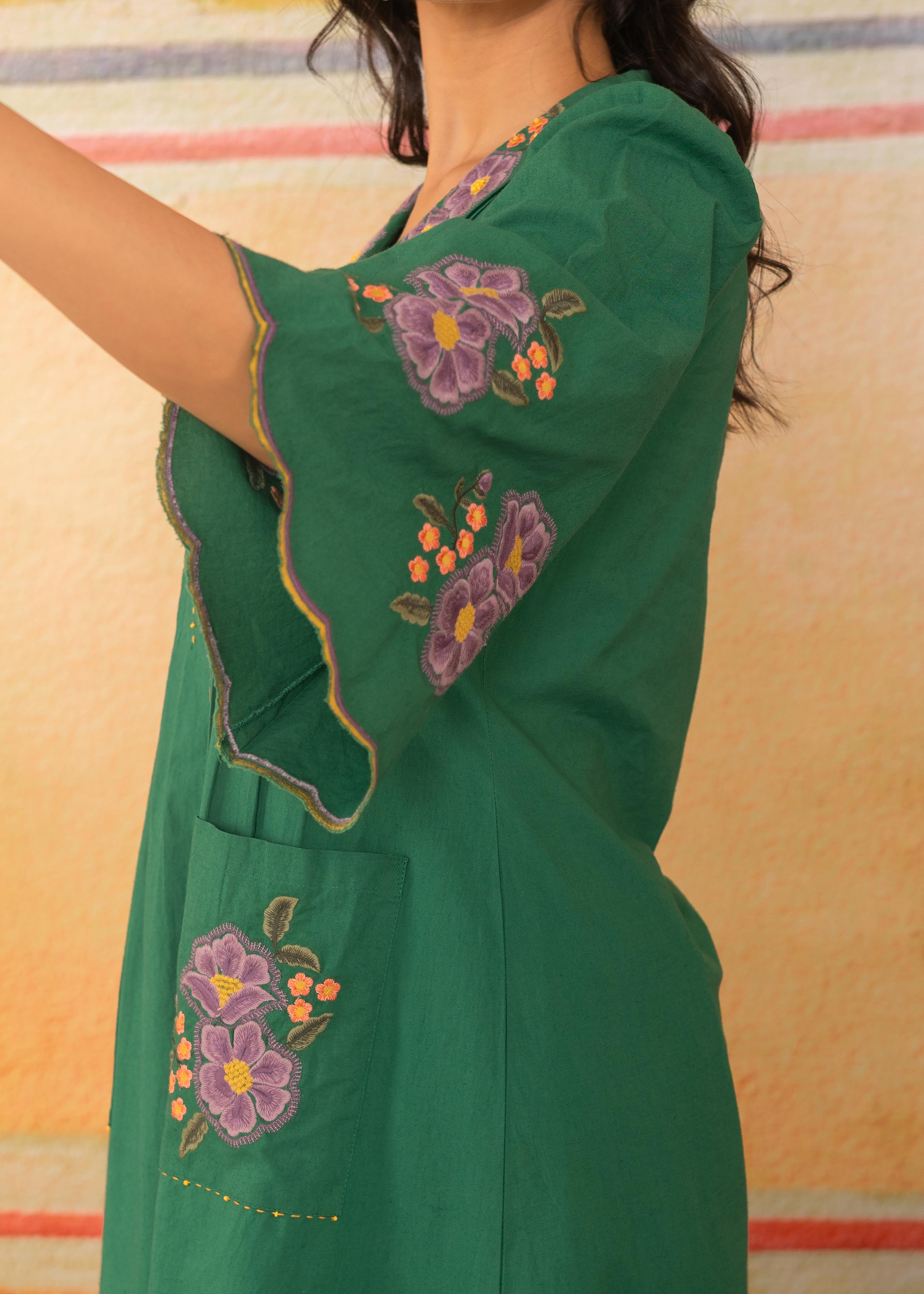 Green Scalloped Hem Embroidered Dress