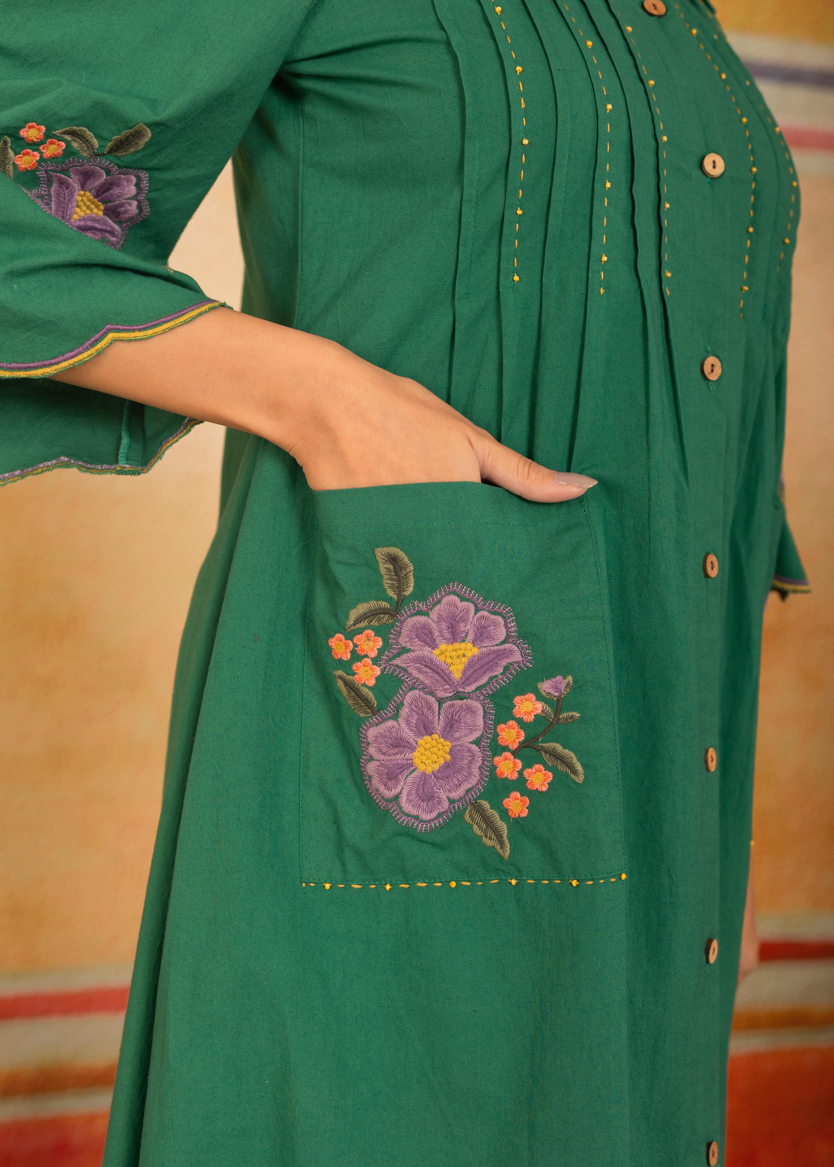 Green Scalloped Hem Embroidered Dress