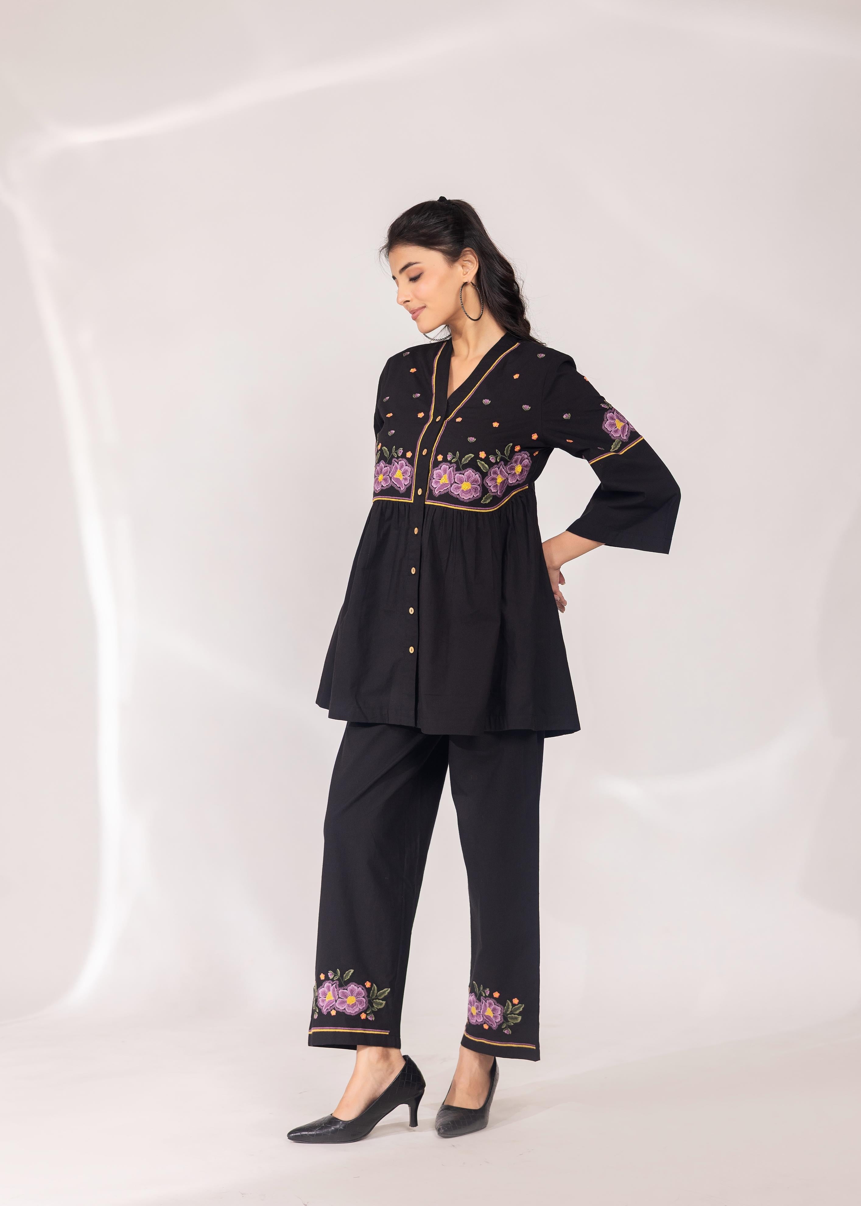 Black V-Neck Floral Embroidered Co-ord Set
