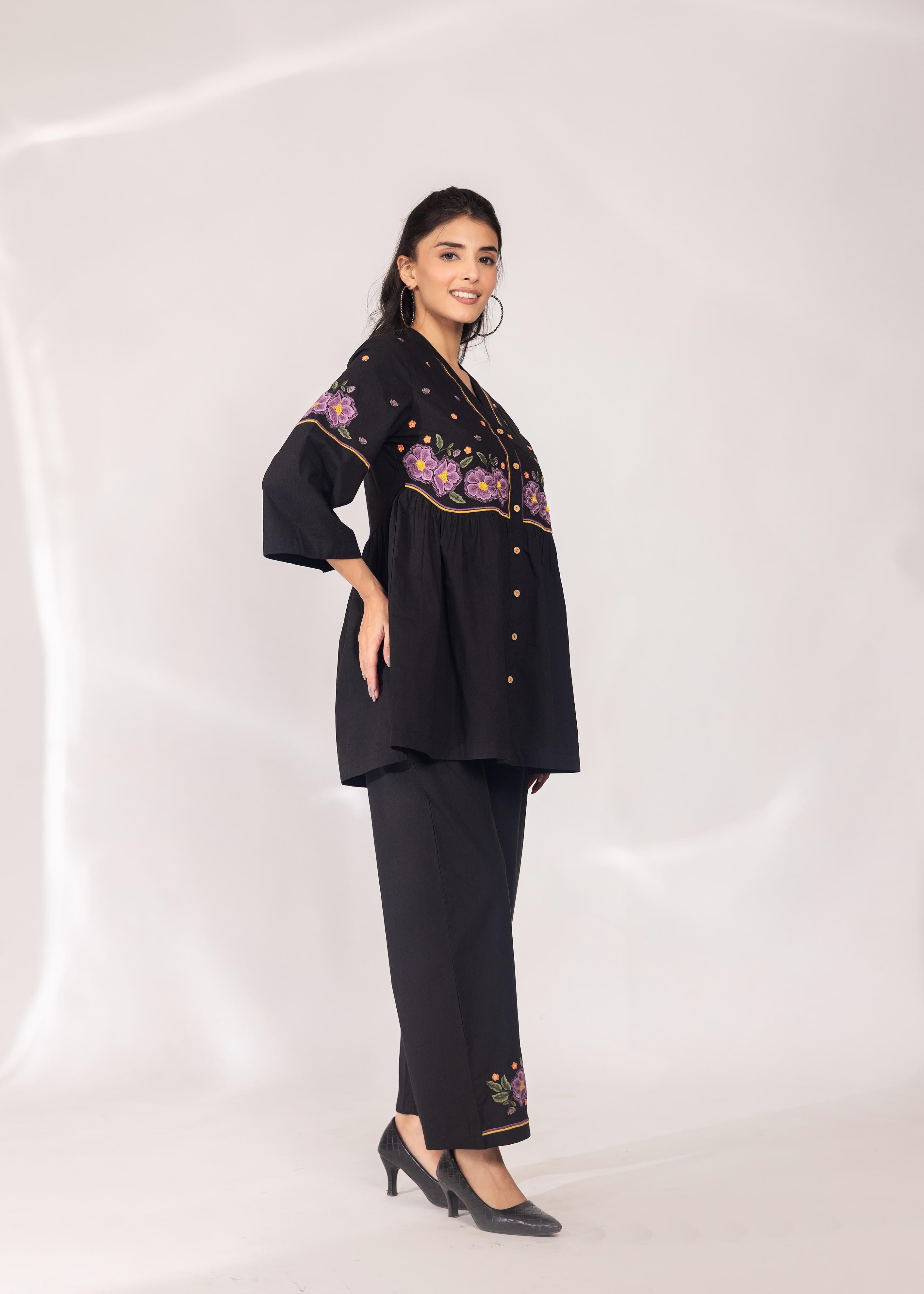 Black V-Neck Floral Embroidered Co-ord Set