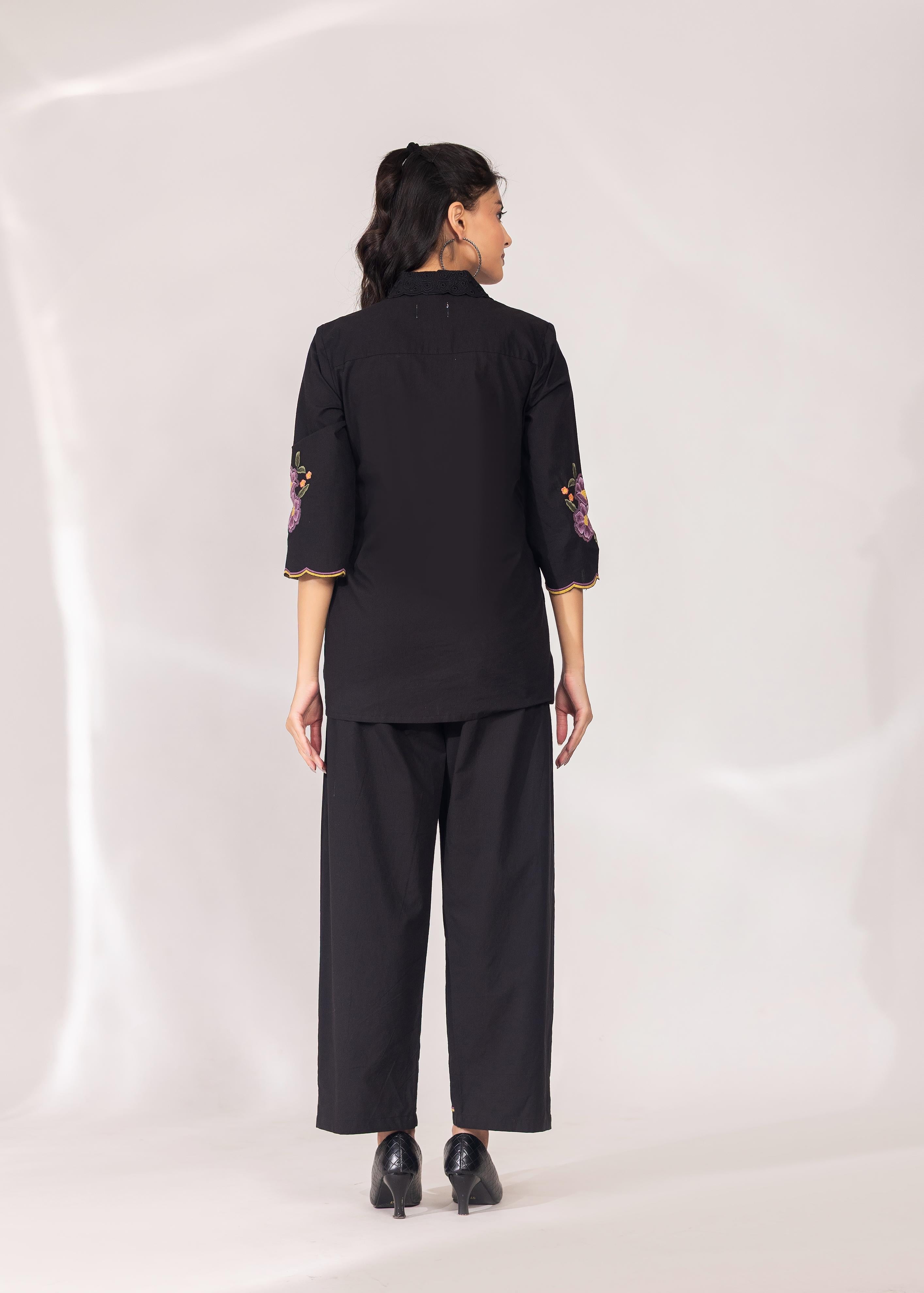 Black V-Neck Floral Embroidered Co-ord Set