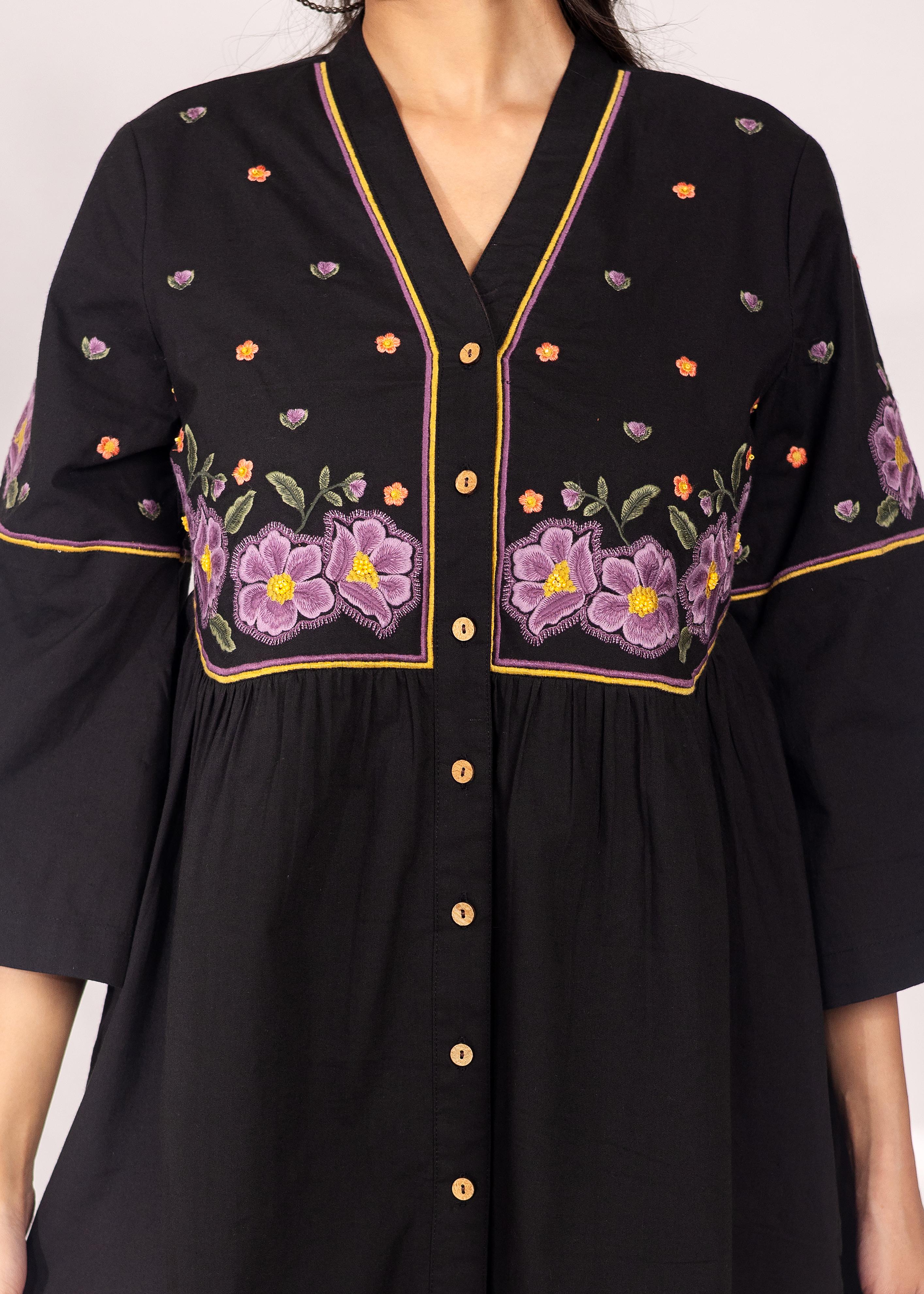 Black V-Neck Floral Embroidered Co-ord Set