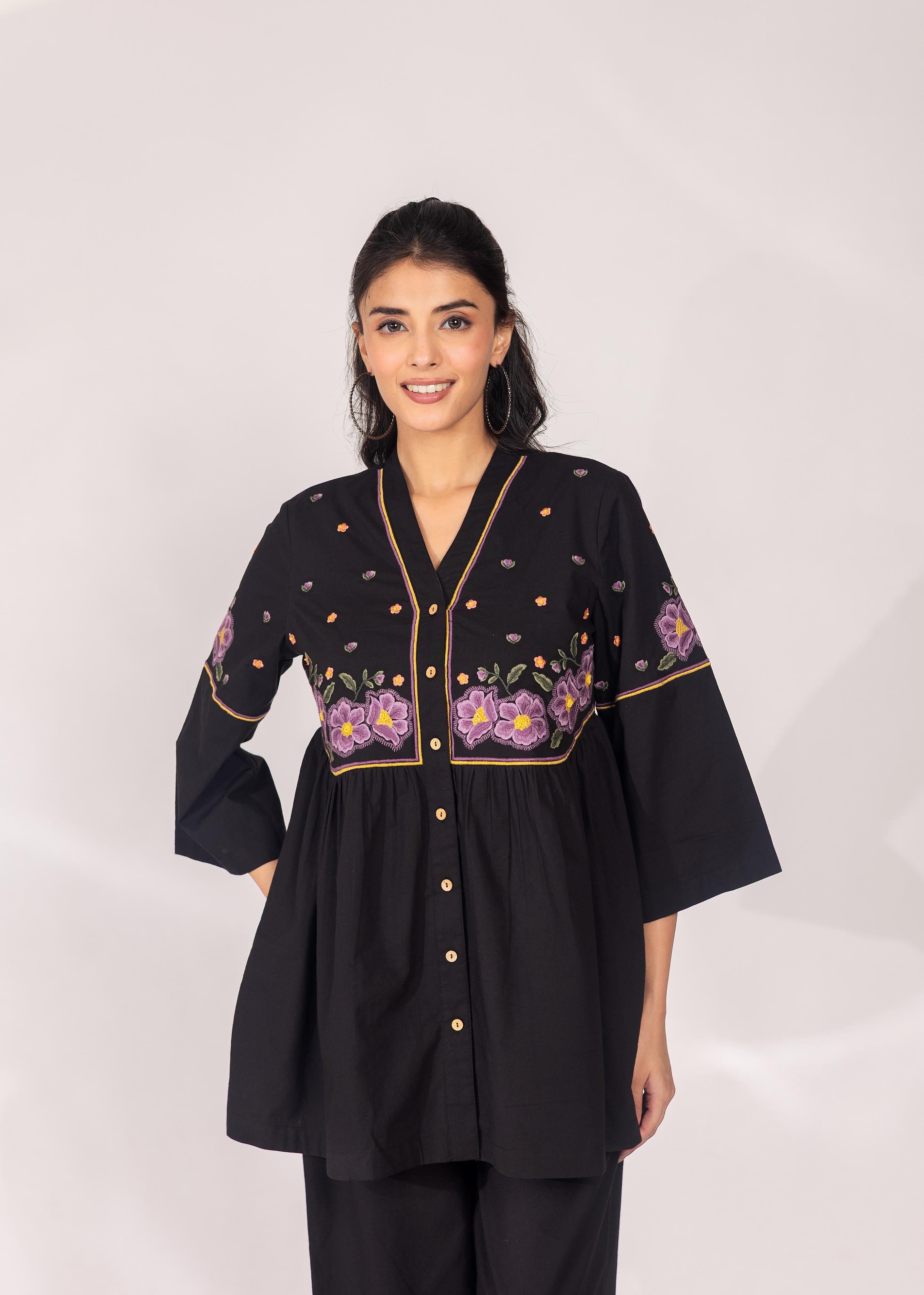 Black V-Neck Floral Embroidered Co-ord Set