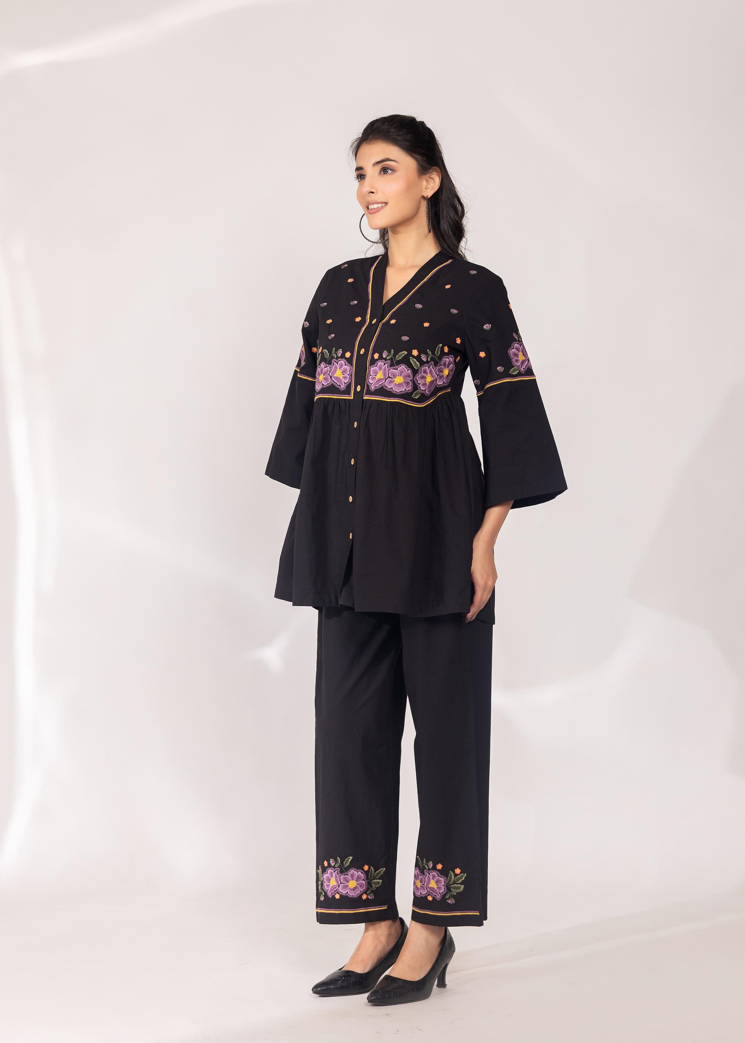 Black V-Neck Floral Embroidered Co-ord Set