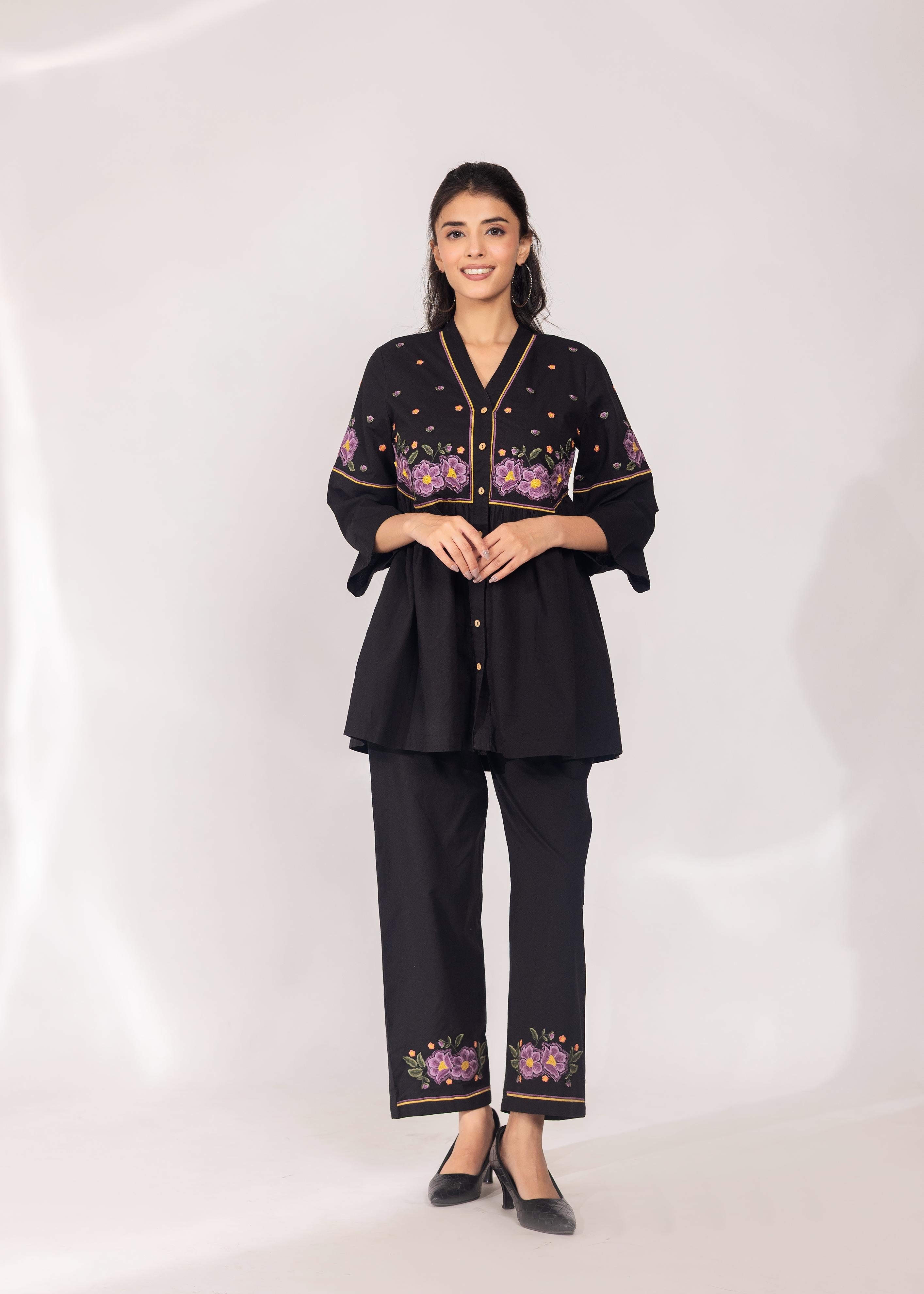 Black V-Neck Floral Embroidered Co-ord Set