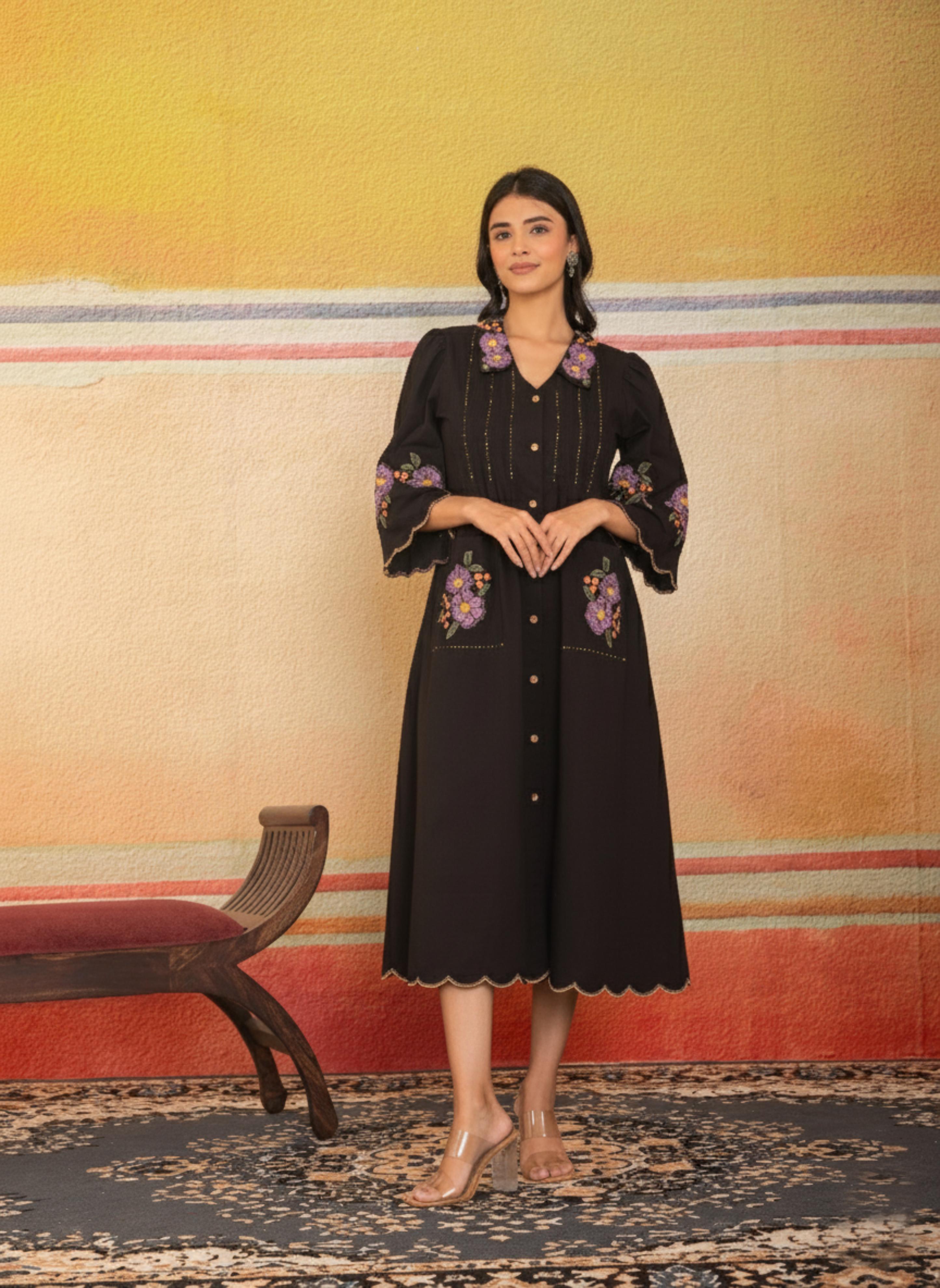 Black Scalloped Hem Embroidered Dress