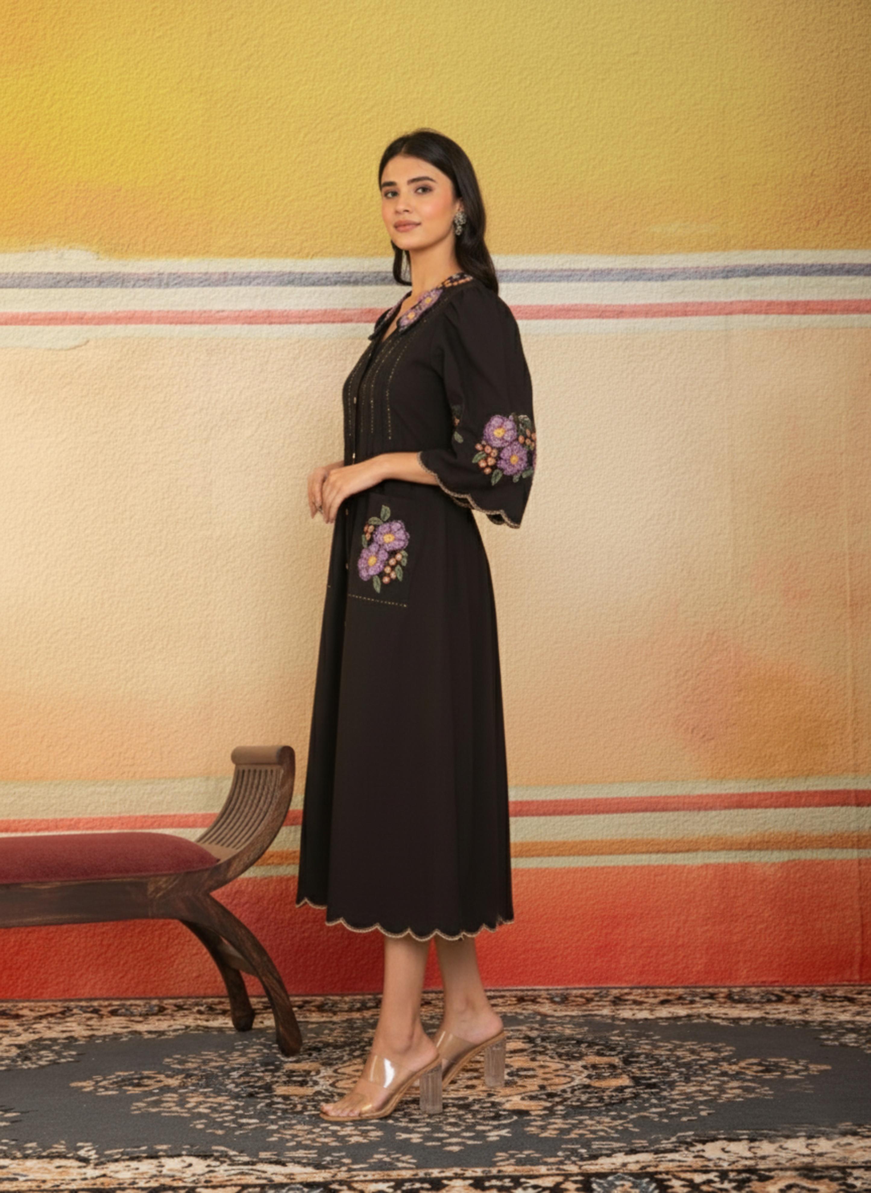 Black Scalloped Hem Embroidered Dress