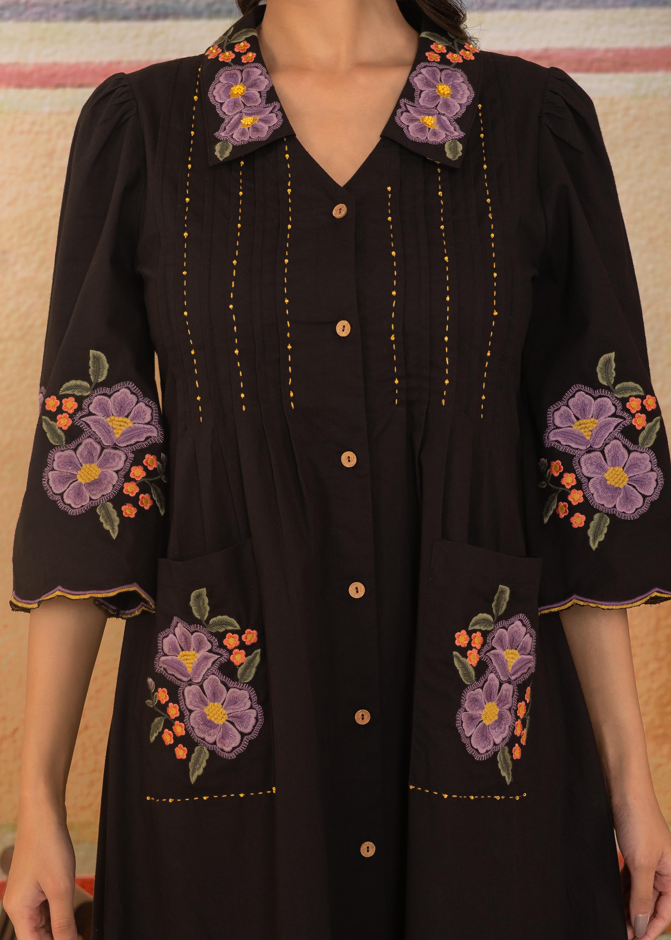 Black Scalloped Hem Embroidered Dress