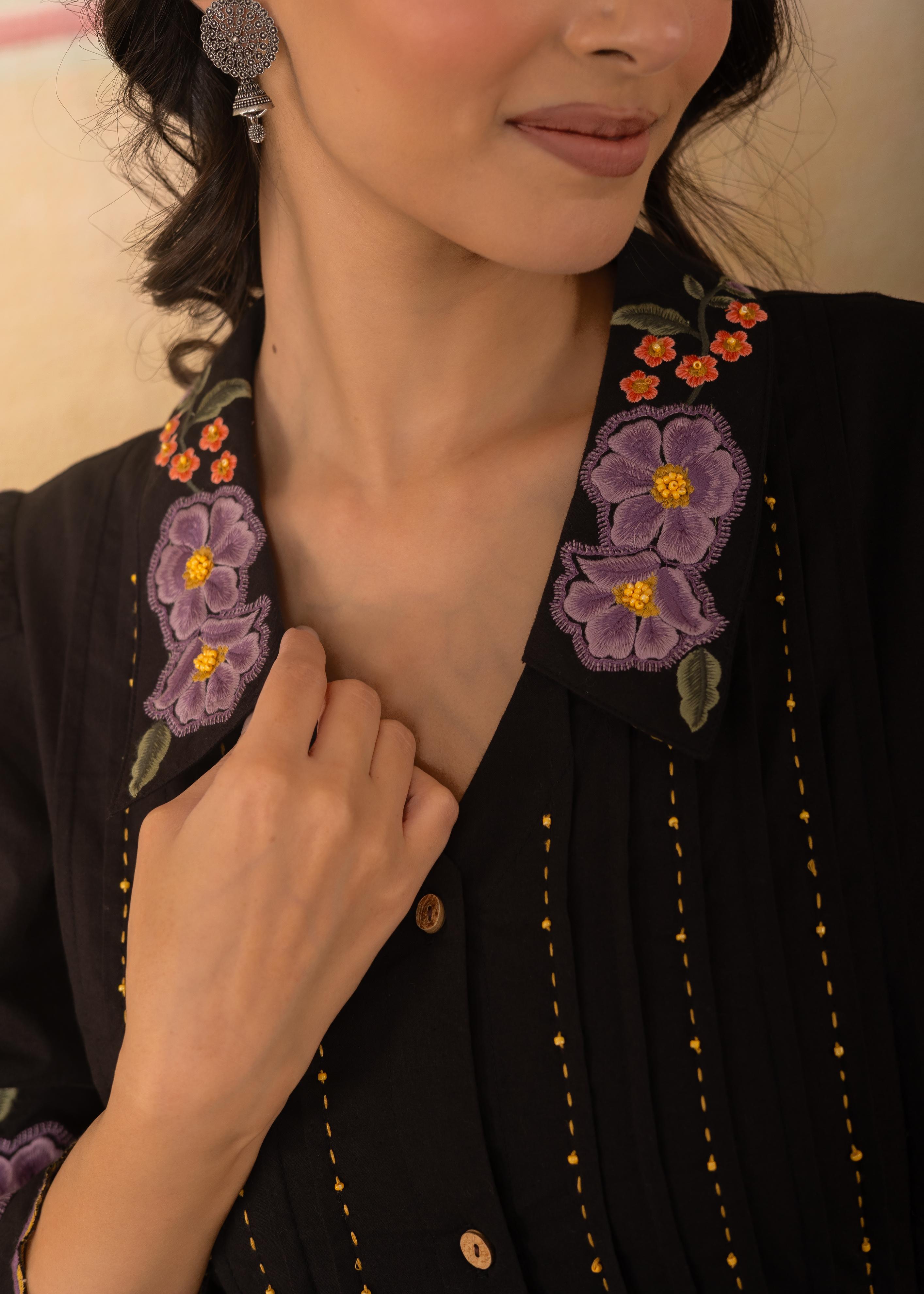 Black Scalloped Hem Embroidered Dress