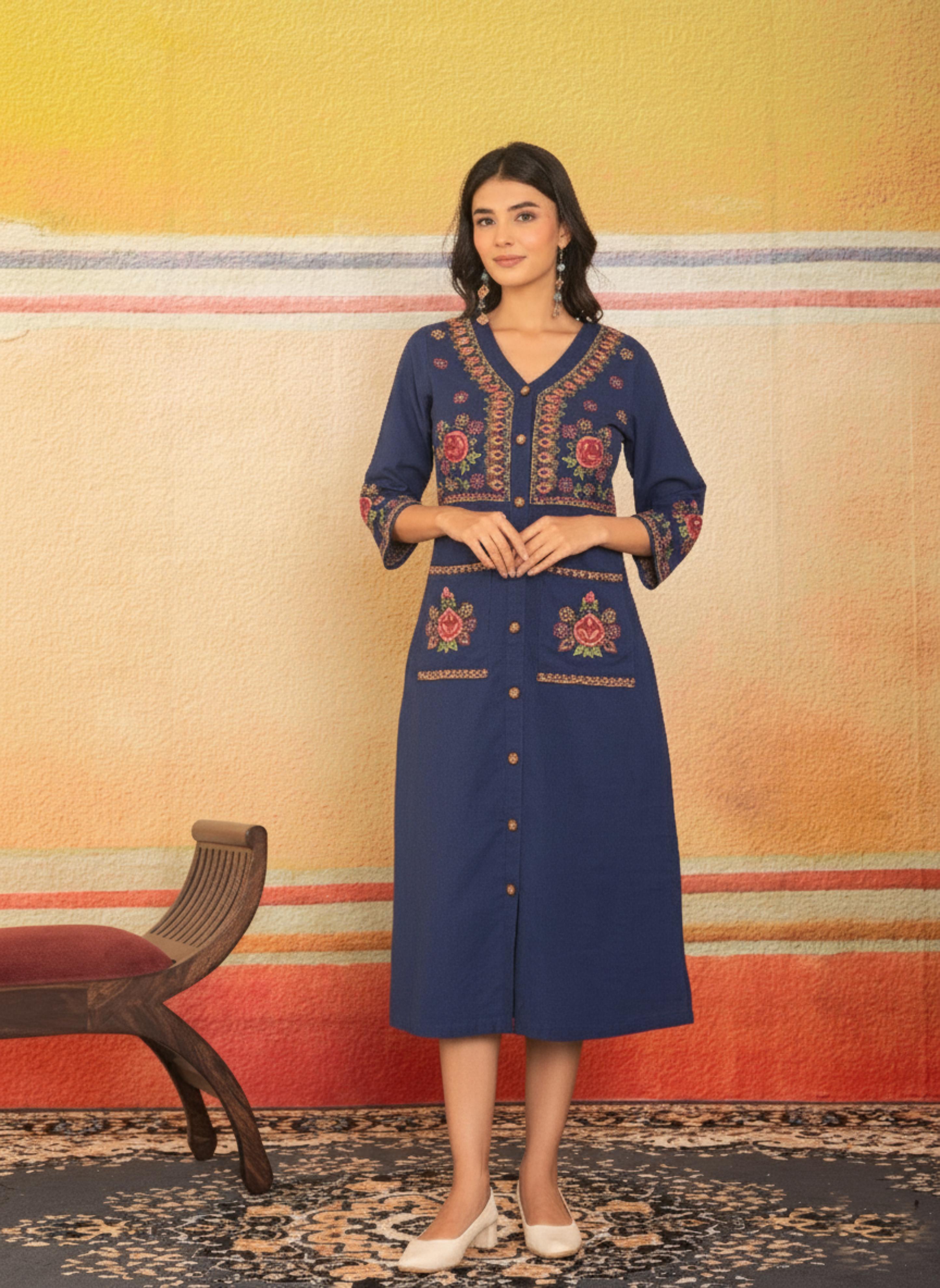 Navy Blue V-Neck Embroidered Dress