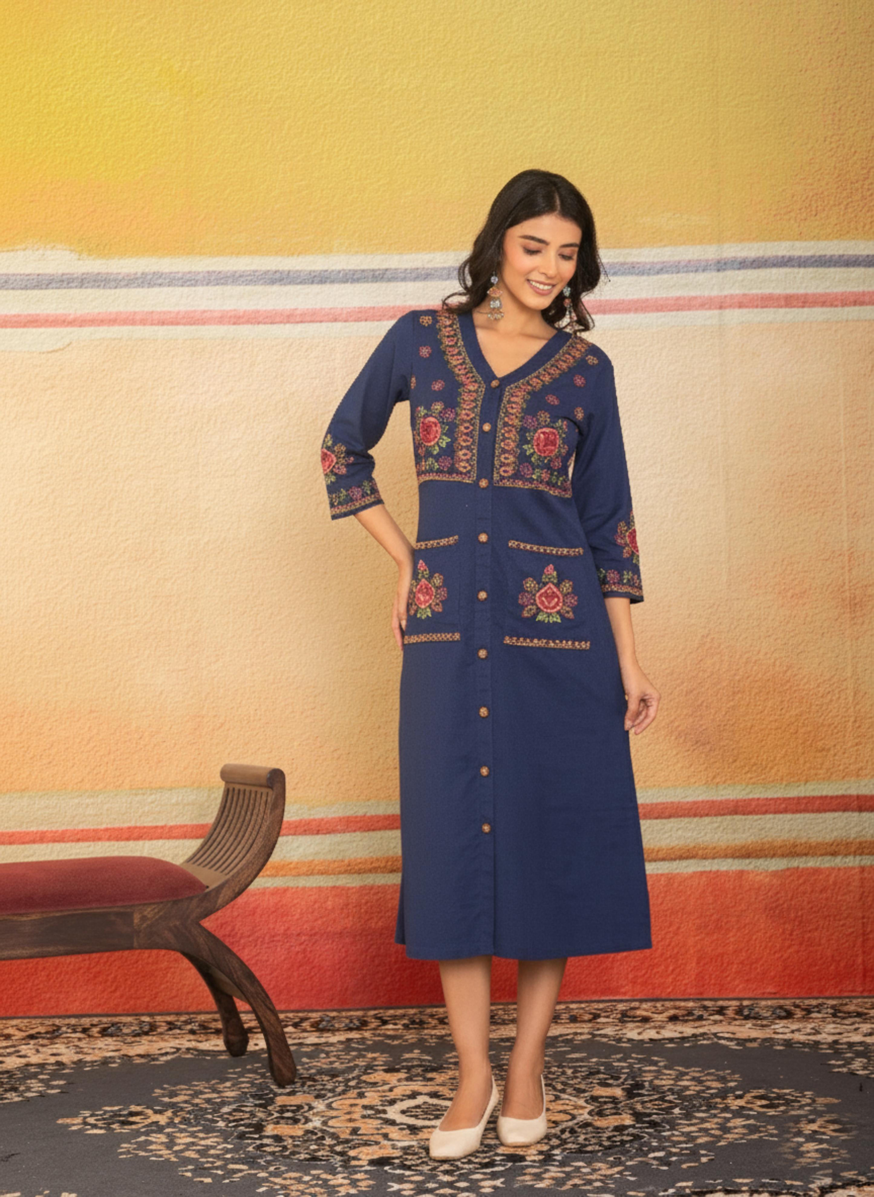 Navy Blue V-Neck Embroidered Dress
