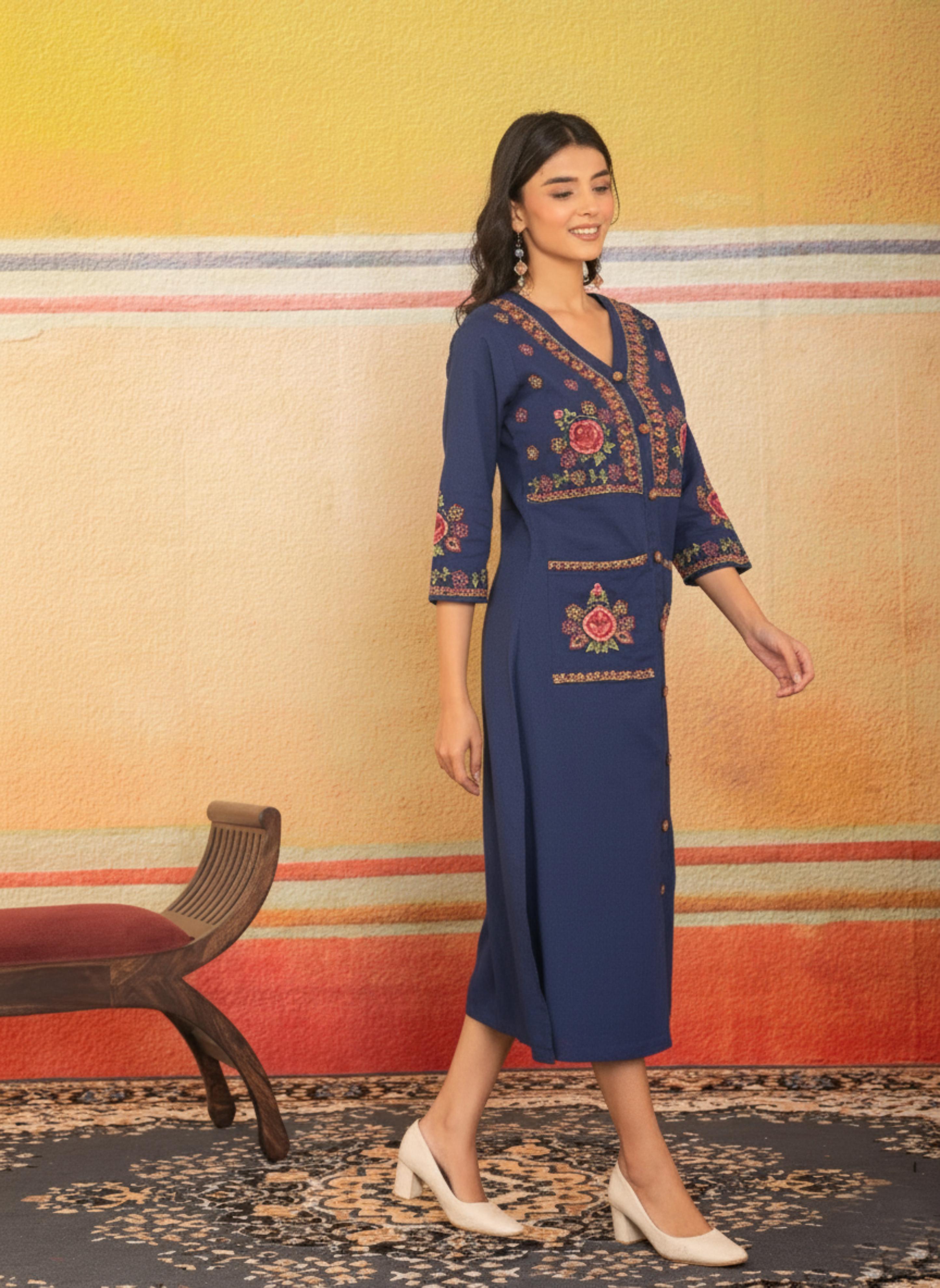 Navy Blue V-Neck Embroidered Dress